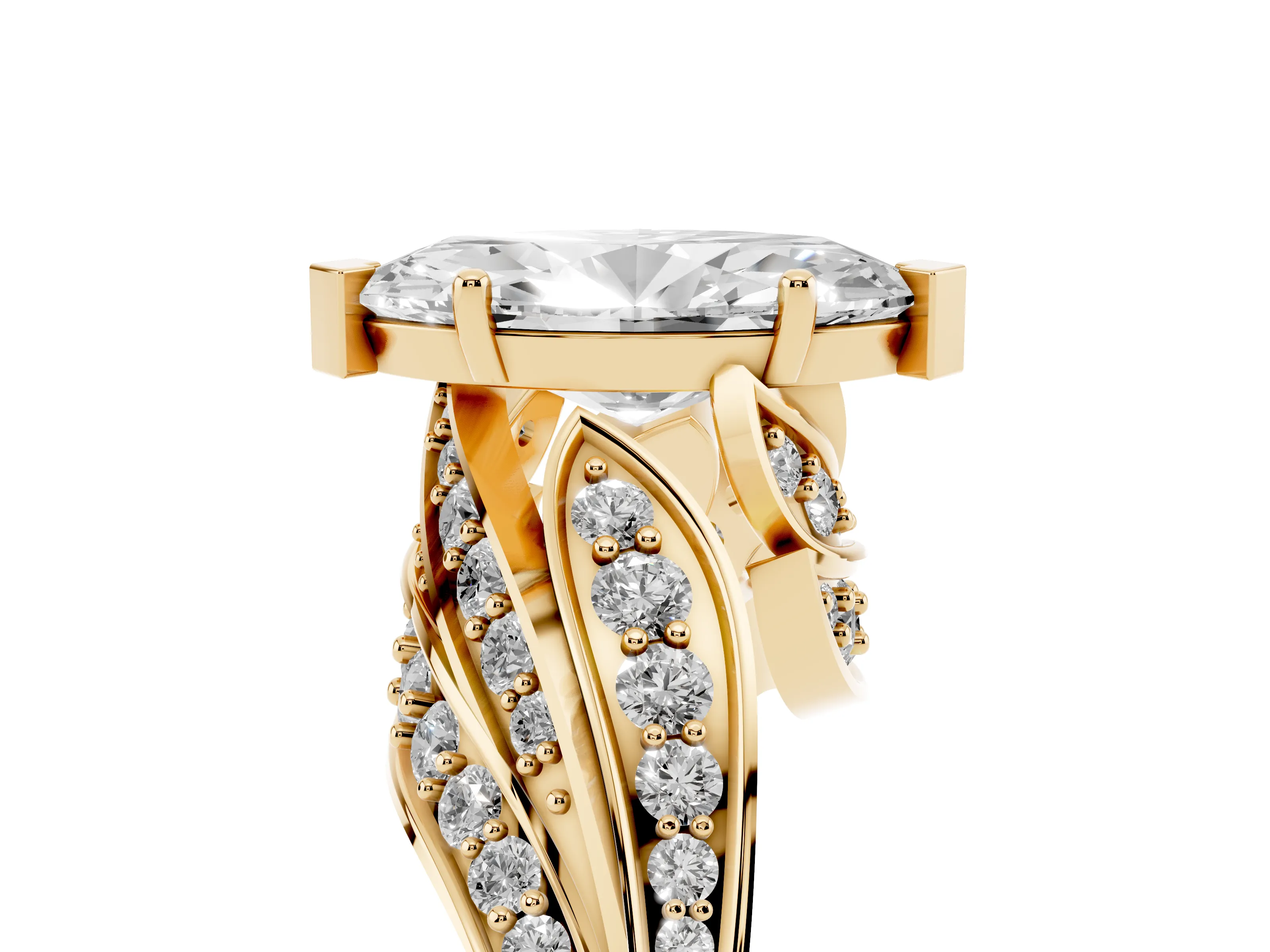 Marquise Cut Diamond Solitaire Ring Set in Yellow gold with Layered Twist Pavé Band