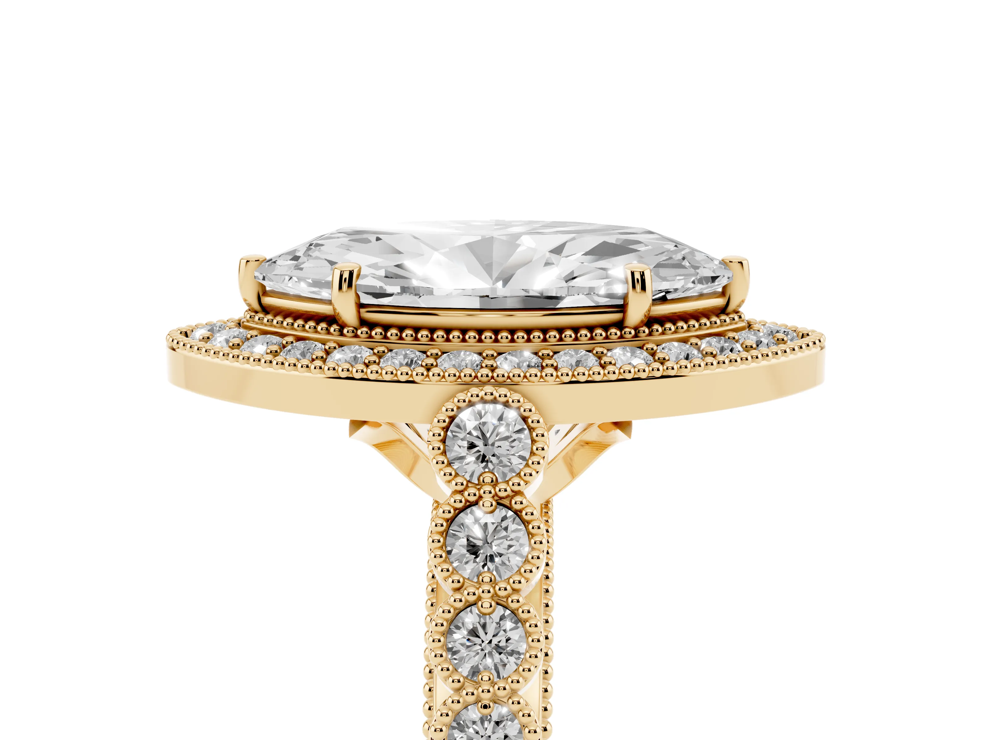 Marquise Cut Diamond Milgrain Halo Solitaire Ring Set in Yellow gold with Bezel Set Side Stones and Pavé Band