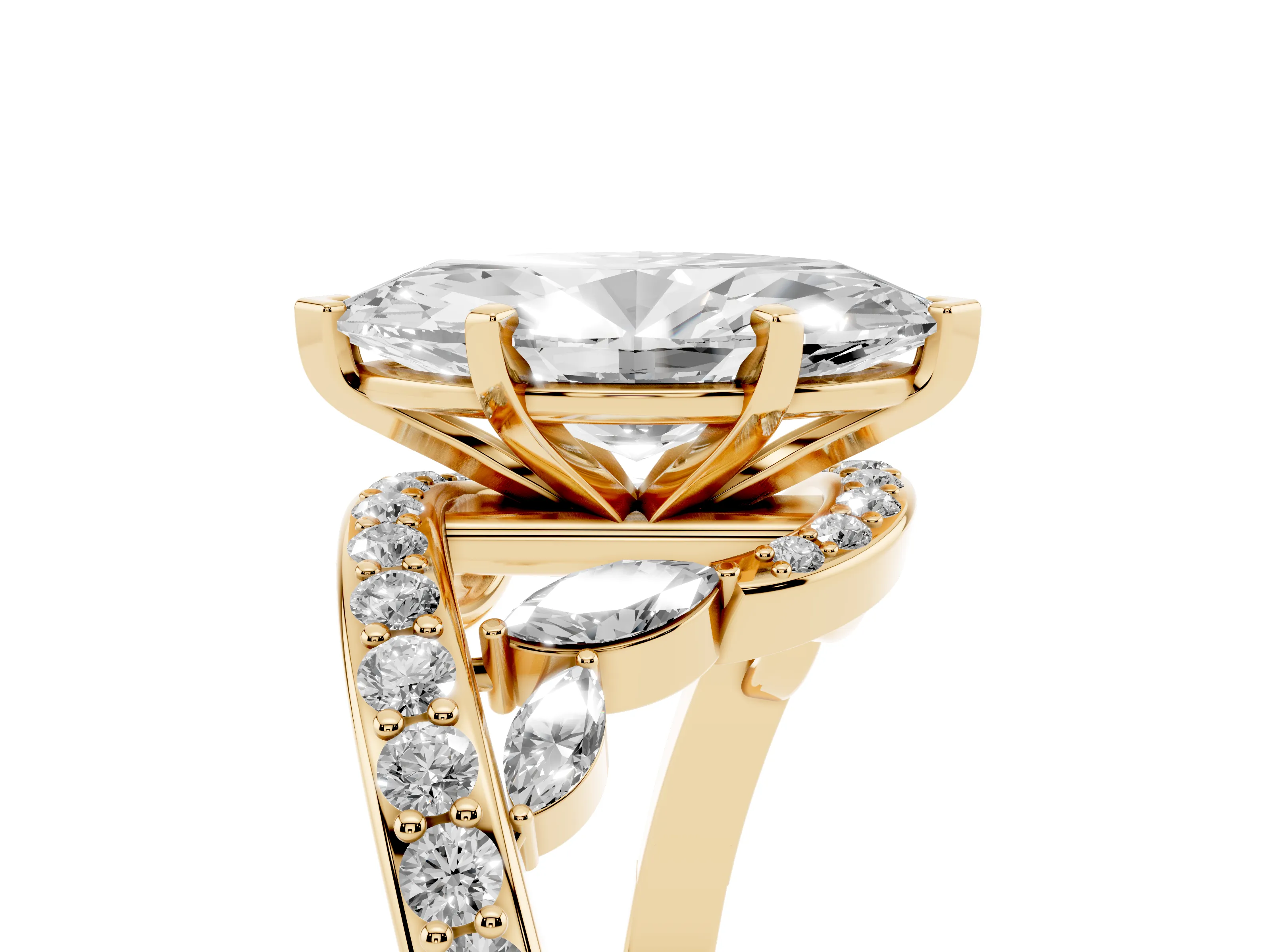 Marquise Cut Diamond Solitaire Ring Set in Yellow gold with Pavé Twist Band and Secure Prong Setting