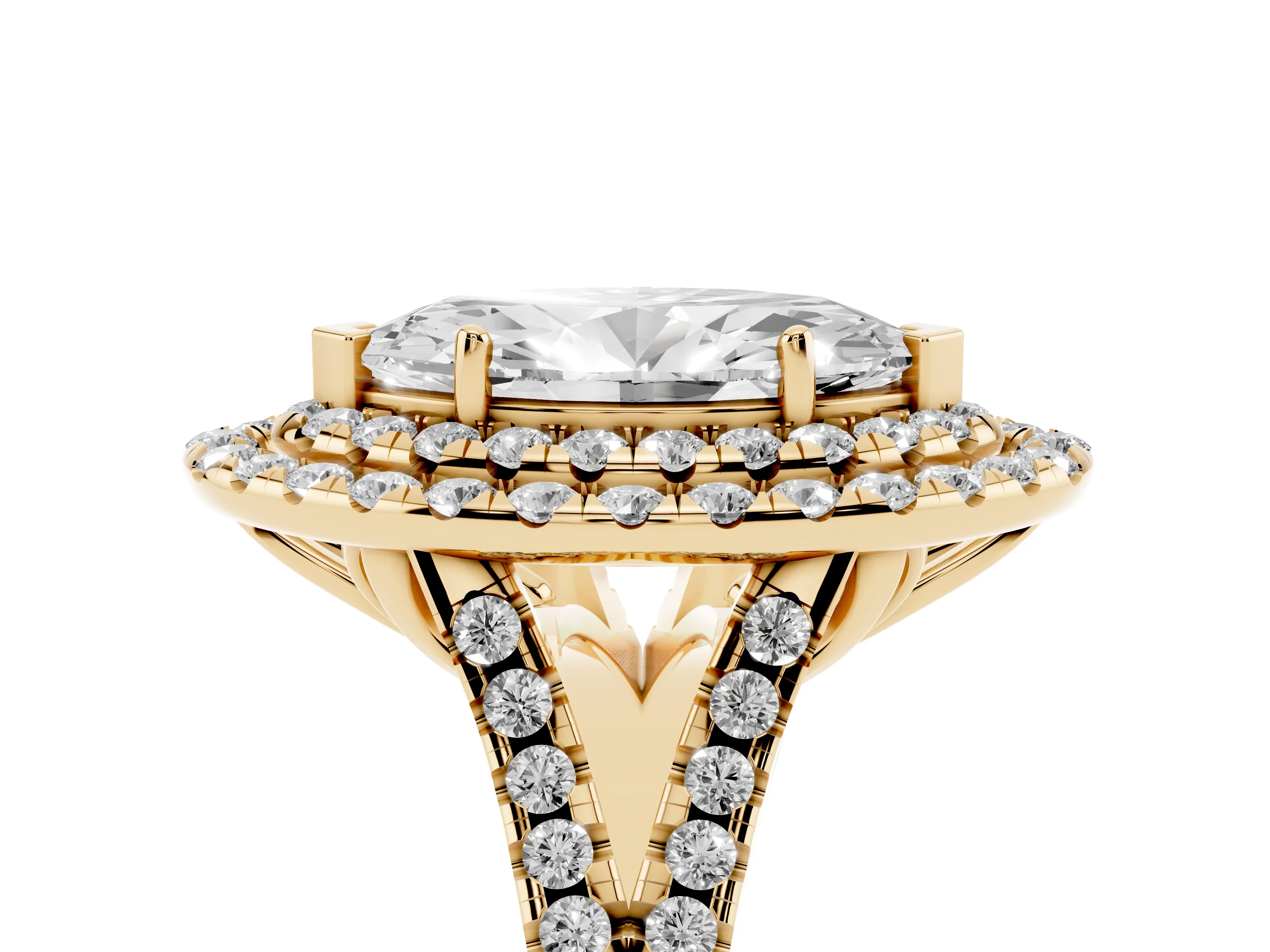 Marquise Cut Diamond Double Halo Ring Set in Yellow gold with Pavé Split Shank and Prong Setting