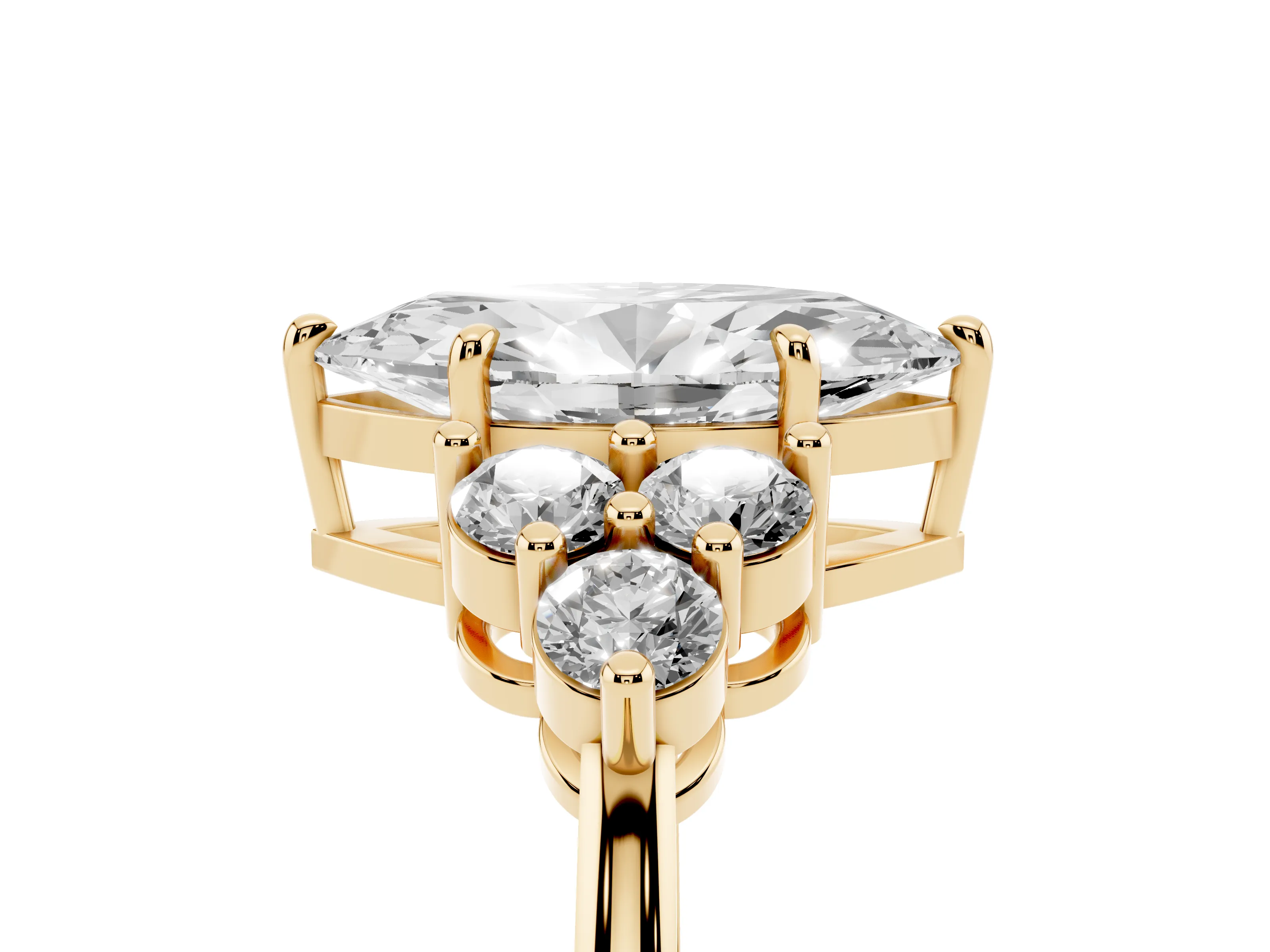 Marquise Cut Diamond Solitaire Ring Set in Yellow gold with Cluster Accents on Each Side