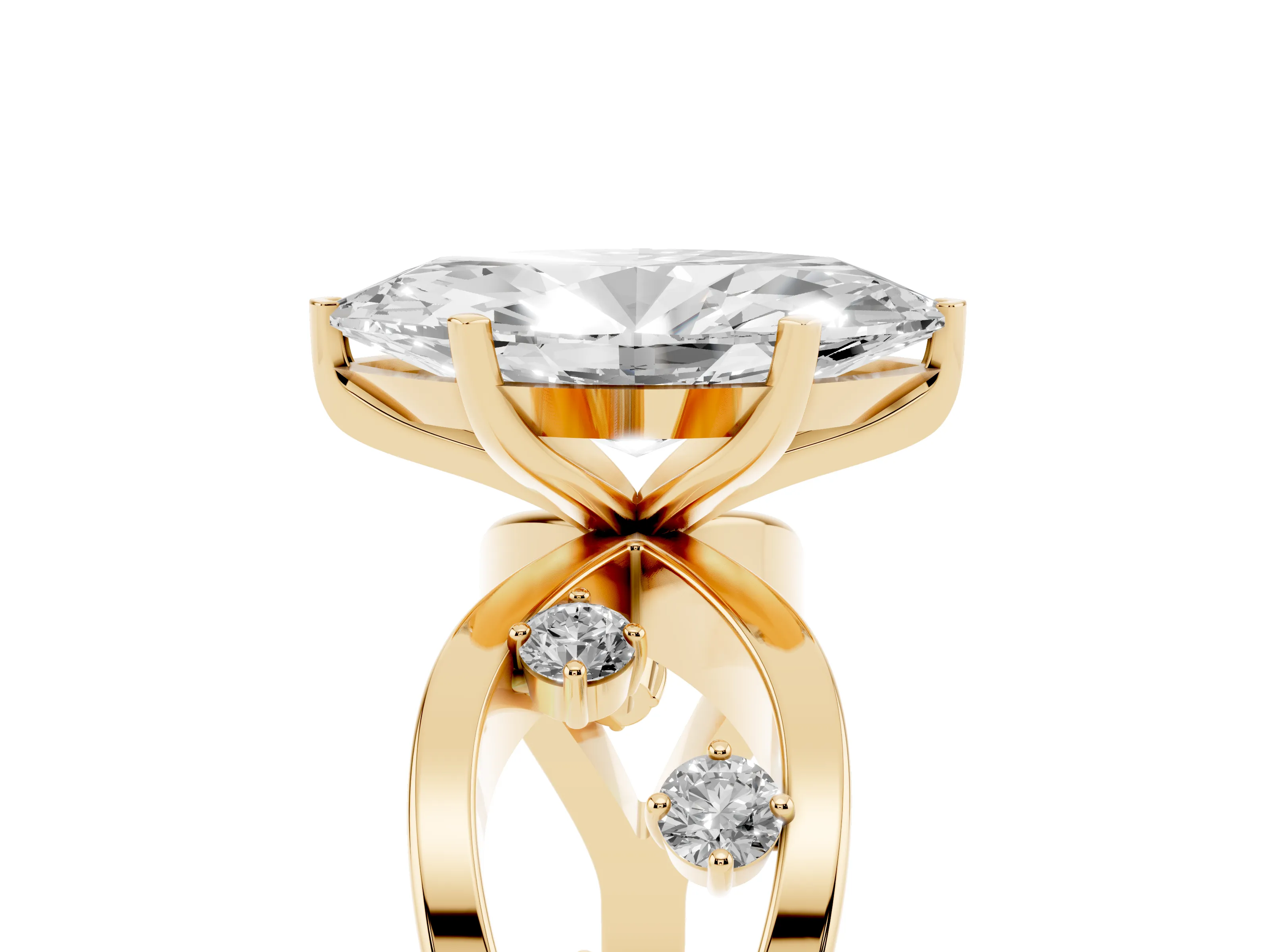Marquise Cut Diamond Solitaire Ring Set in Yellow gold with Side Stones on Criss-Cross Band and Prong Setting