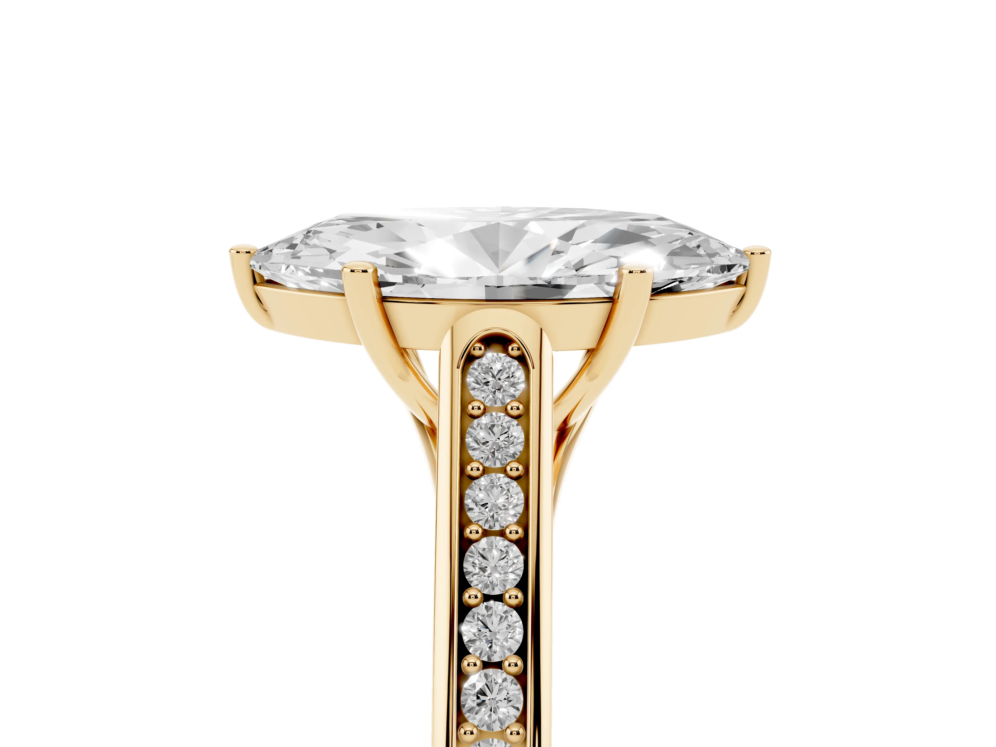 Marquise Cut Diamond Solitaire Cathedral Engagement Ring Set in Yellow gold with Channel-Set Band and Prong Setting