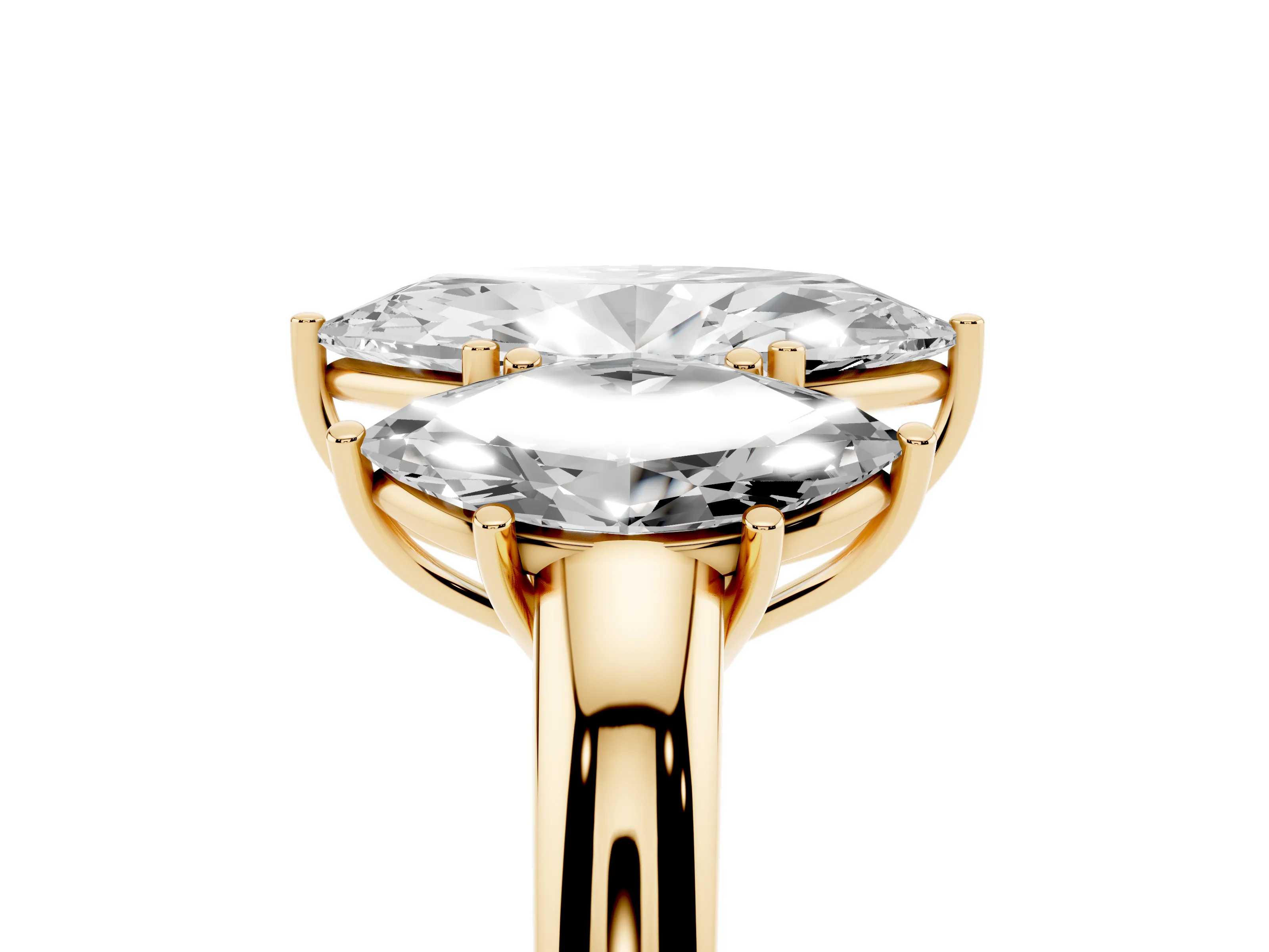 Marquise Cut Diamond Three-Stone Ring Set in Yellow gold with Bold Center and Classic Band