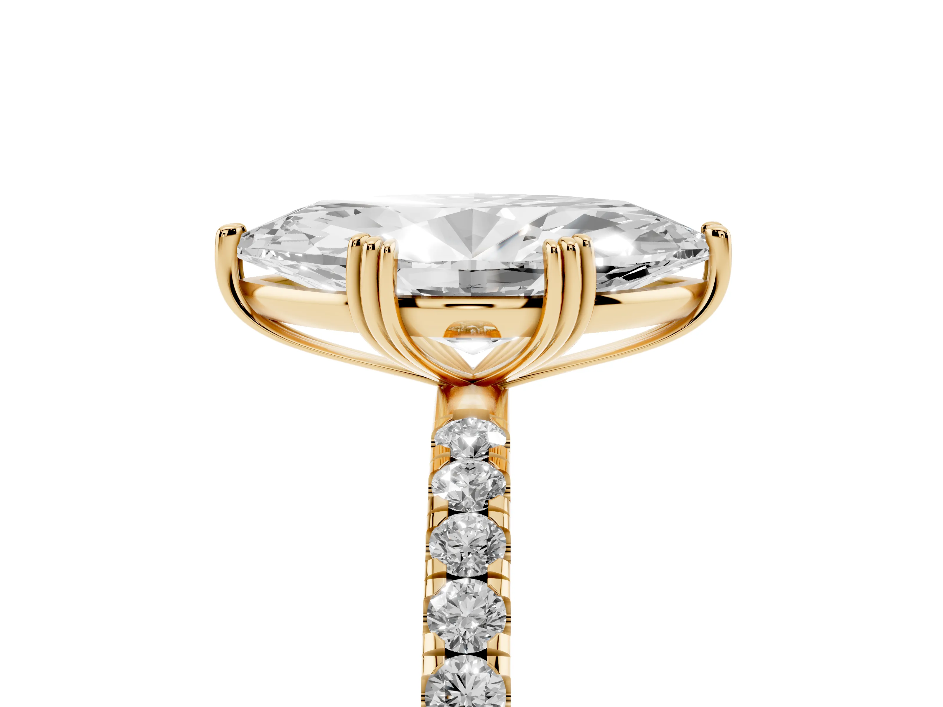 Marquise Cut Diamond Brilliant Solitaire Set in Yellow gold with Pavé Band and Claw Prong Setting