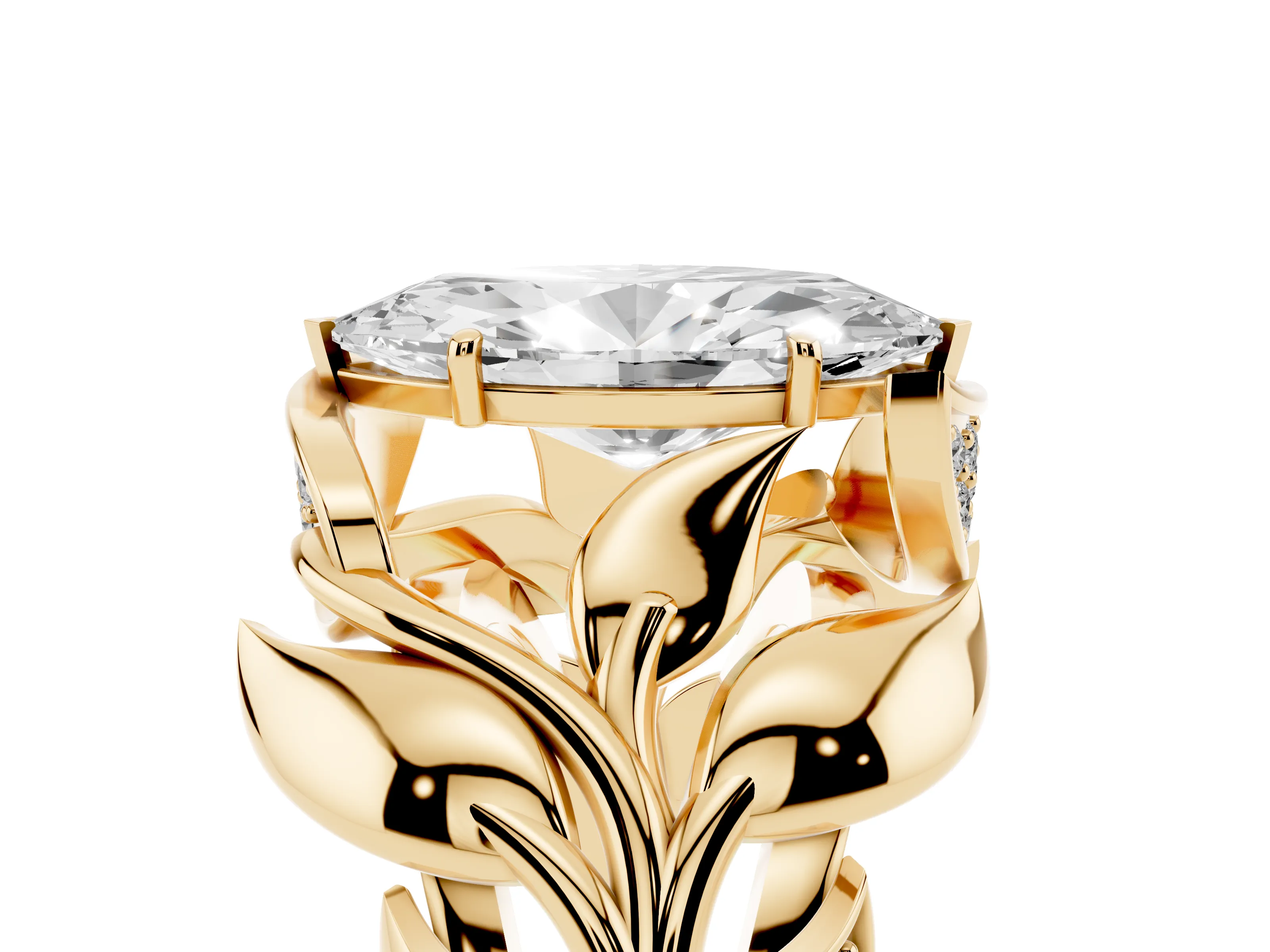 Marquise Cut Diamond Leaf-Inspired Engagement Ring Set in Yellow gold with Round Accents