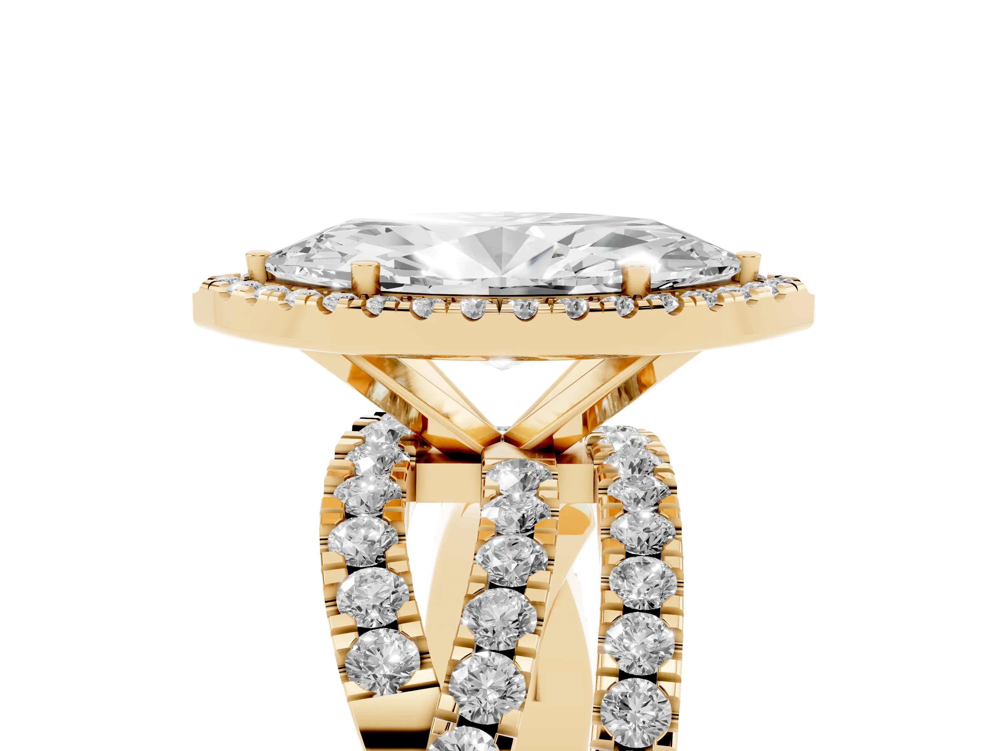 Marquise Cut Diamond Halo Ring Set in Yellow gold with Round Crossover Split Shank and Prong Setting