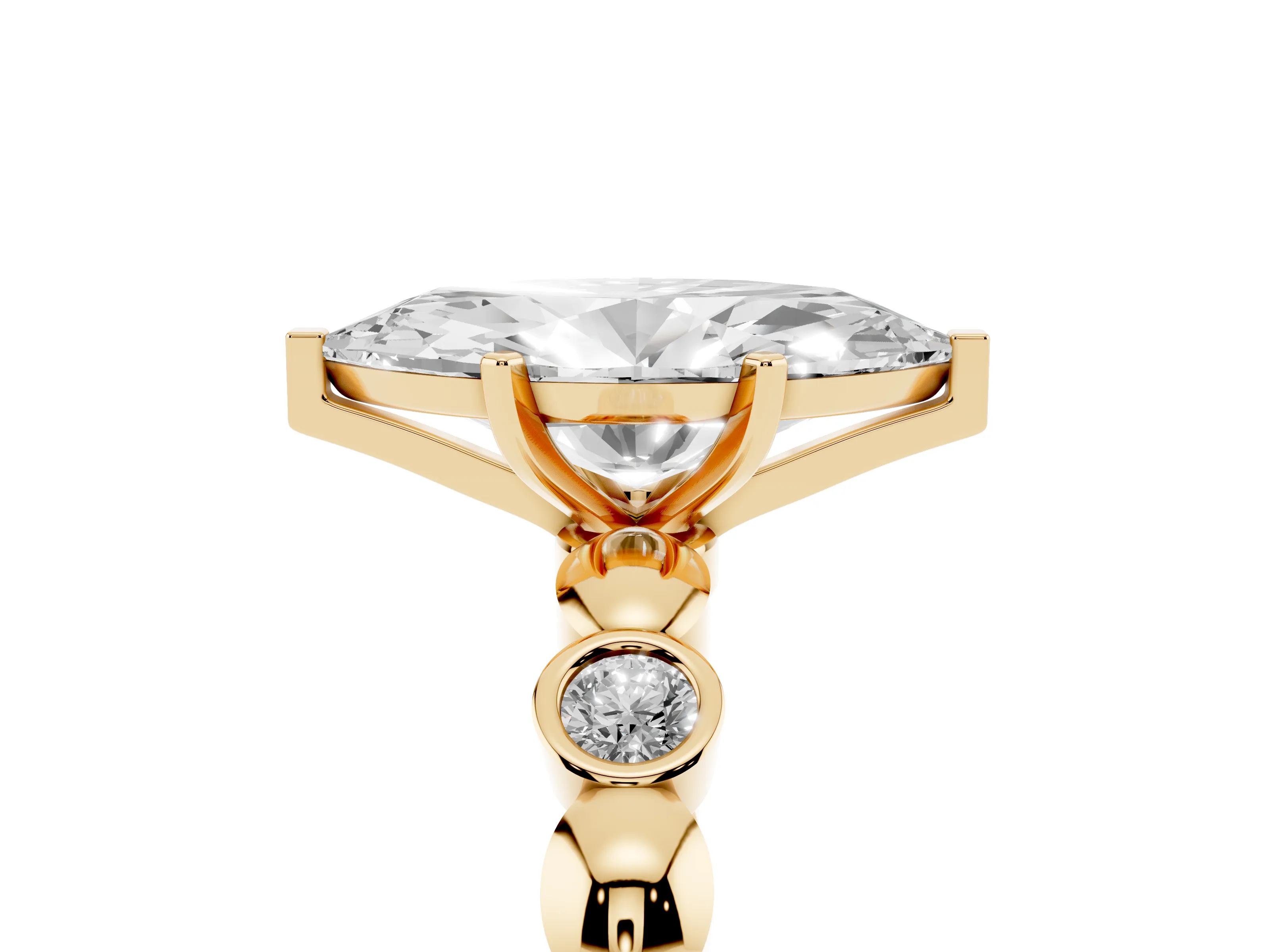 Marquise Cut Diamond Solitaire Ring Set in Yellow gold with Bezel-Set Accents on Beaded Band and Prong Setting