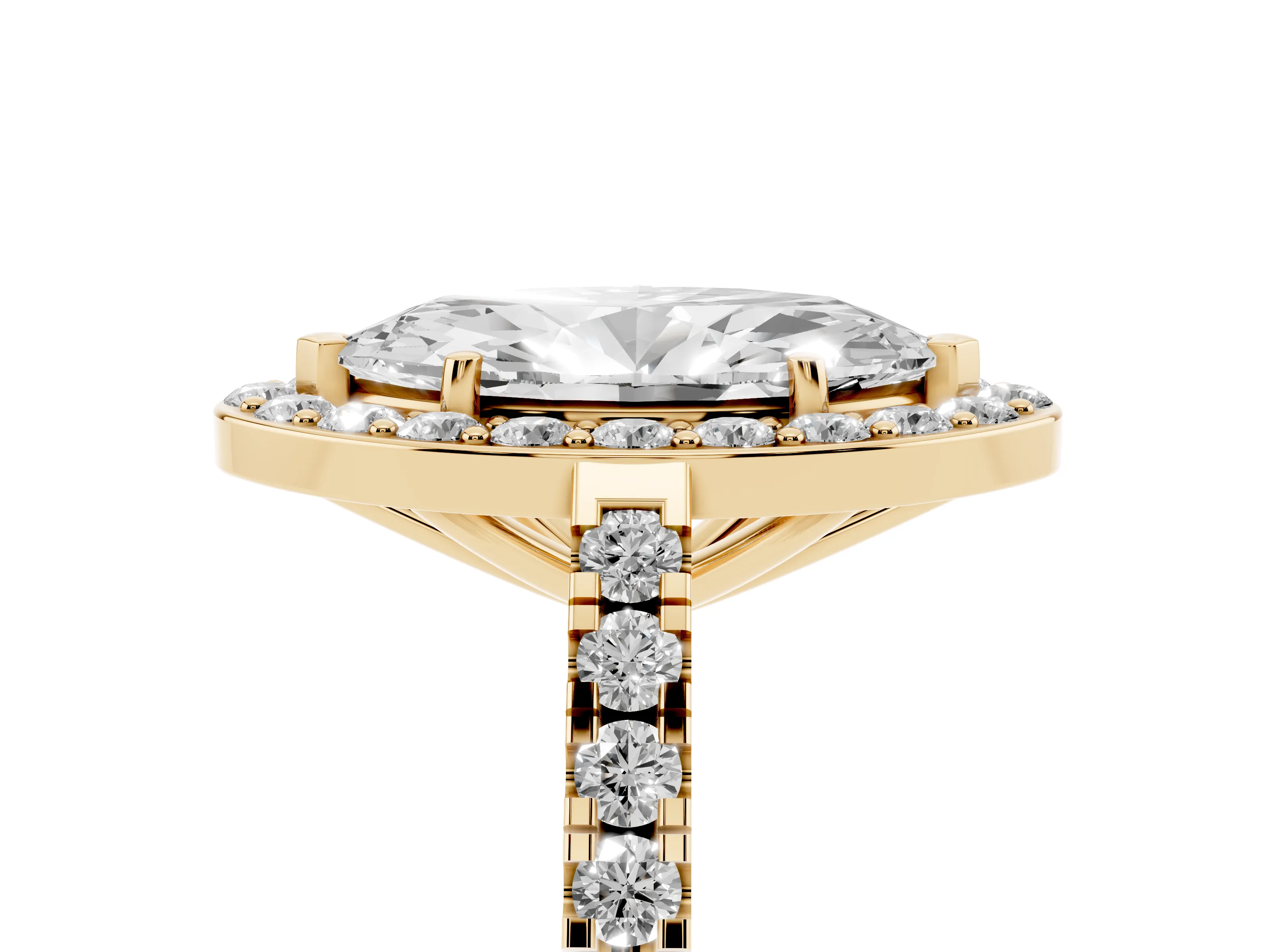 Marquise Cut Diamond Halo Ring Set in Yellow gold with Round Pavé Split Shank and Prong Setting