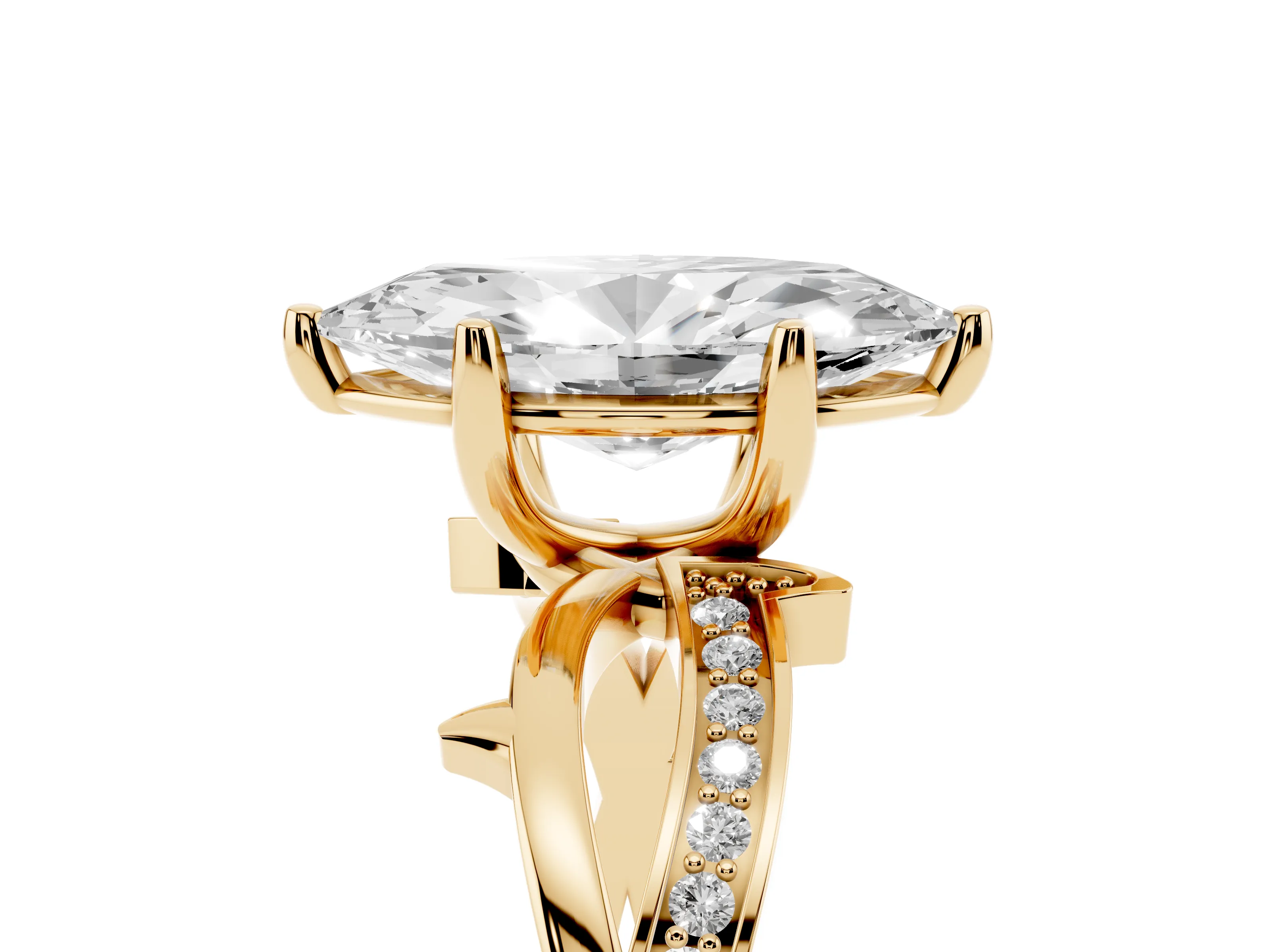 Marquise Cut Diamond Pavé Twist Band Solitaire Ring Set in Yellow gold with Prong Setting