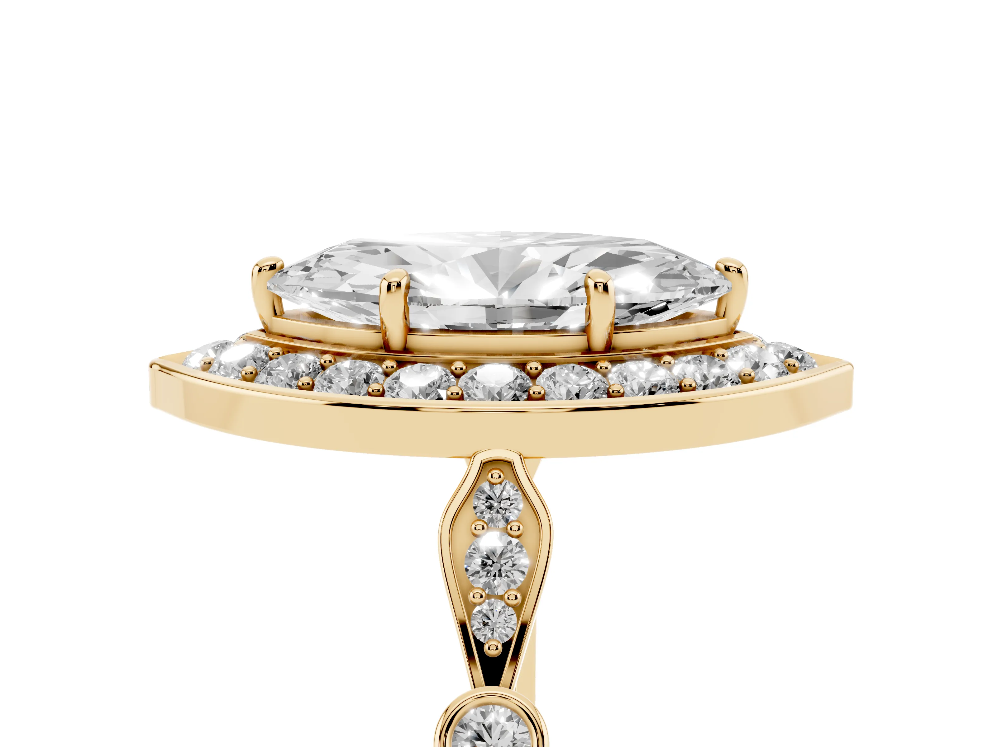 Marquise Cut Diamond Halo Engagement Ring Set in Yellow gold with Twisted Band and Prong Setting
