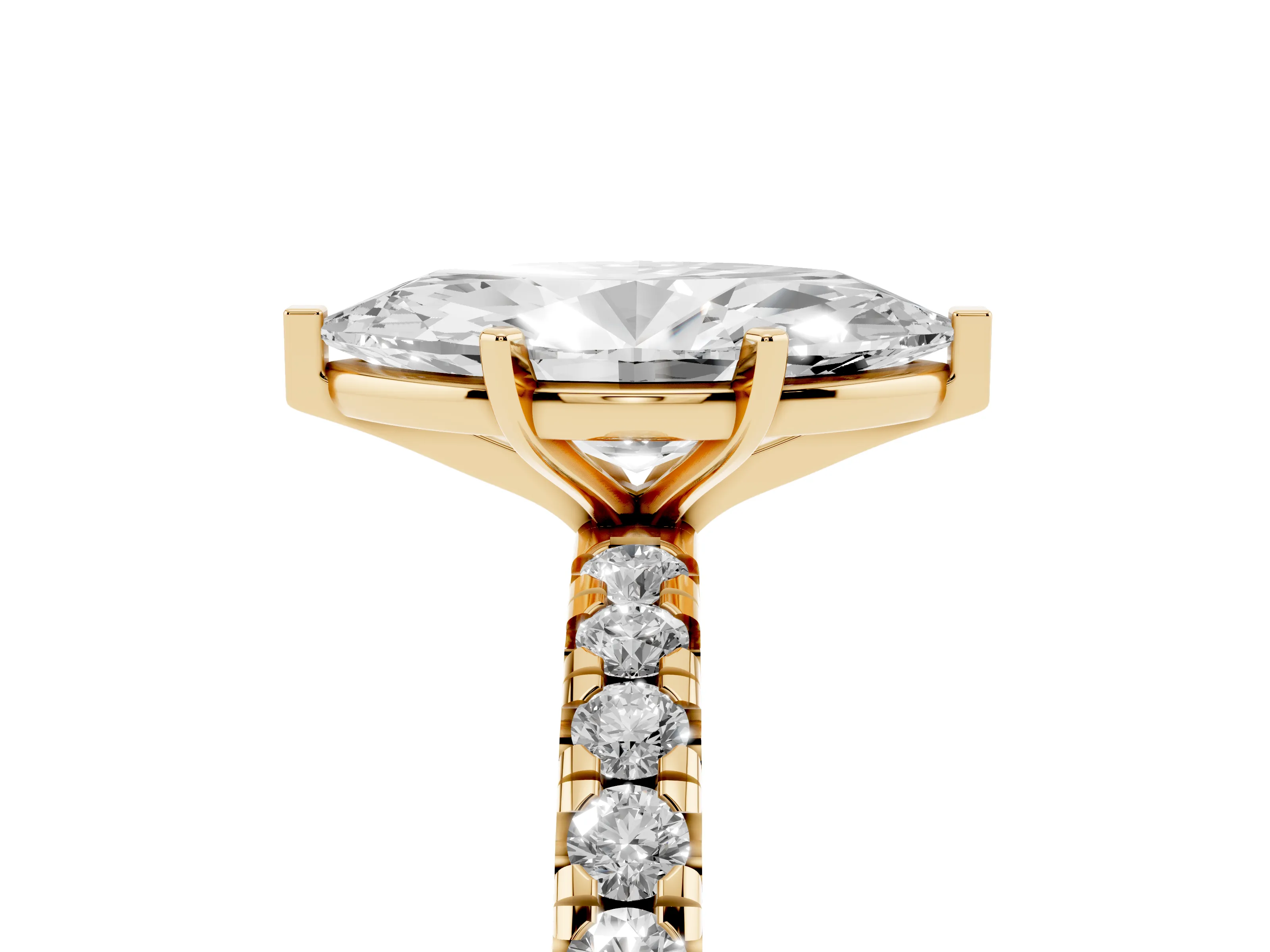 Marquise Cut Diamond Pavé Solitaire Ring Set in Yellow gold with Round Band and Prong Setting