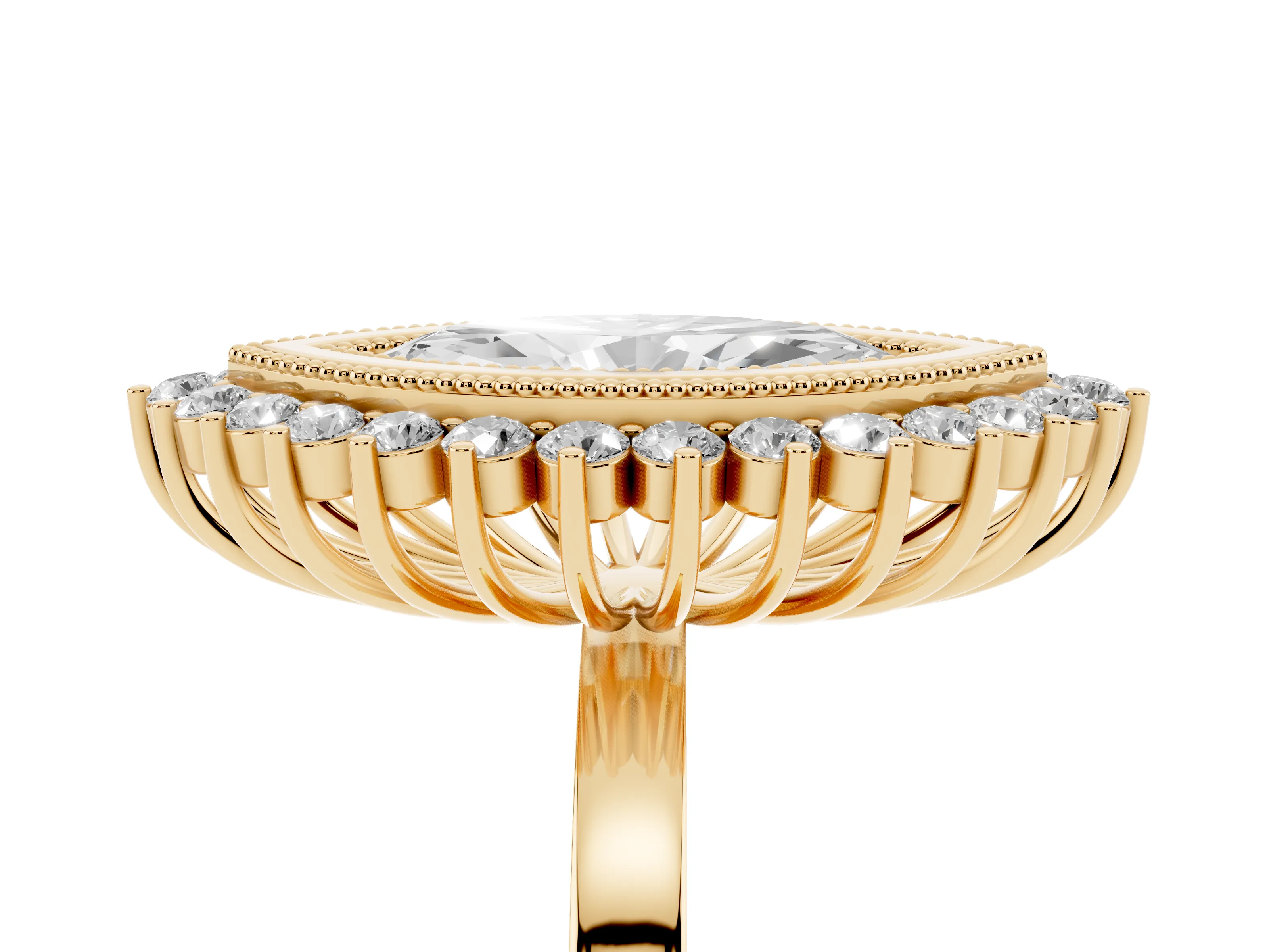 Marquise Cut Diamond Halo Ring Set in Yellow gold with Milgrain Edge and Round Prong Setting
