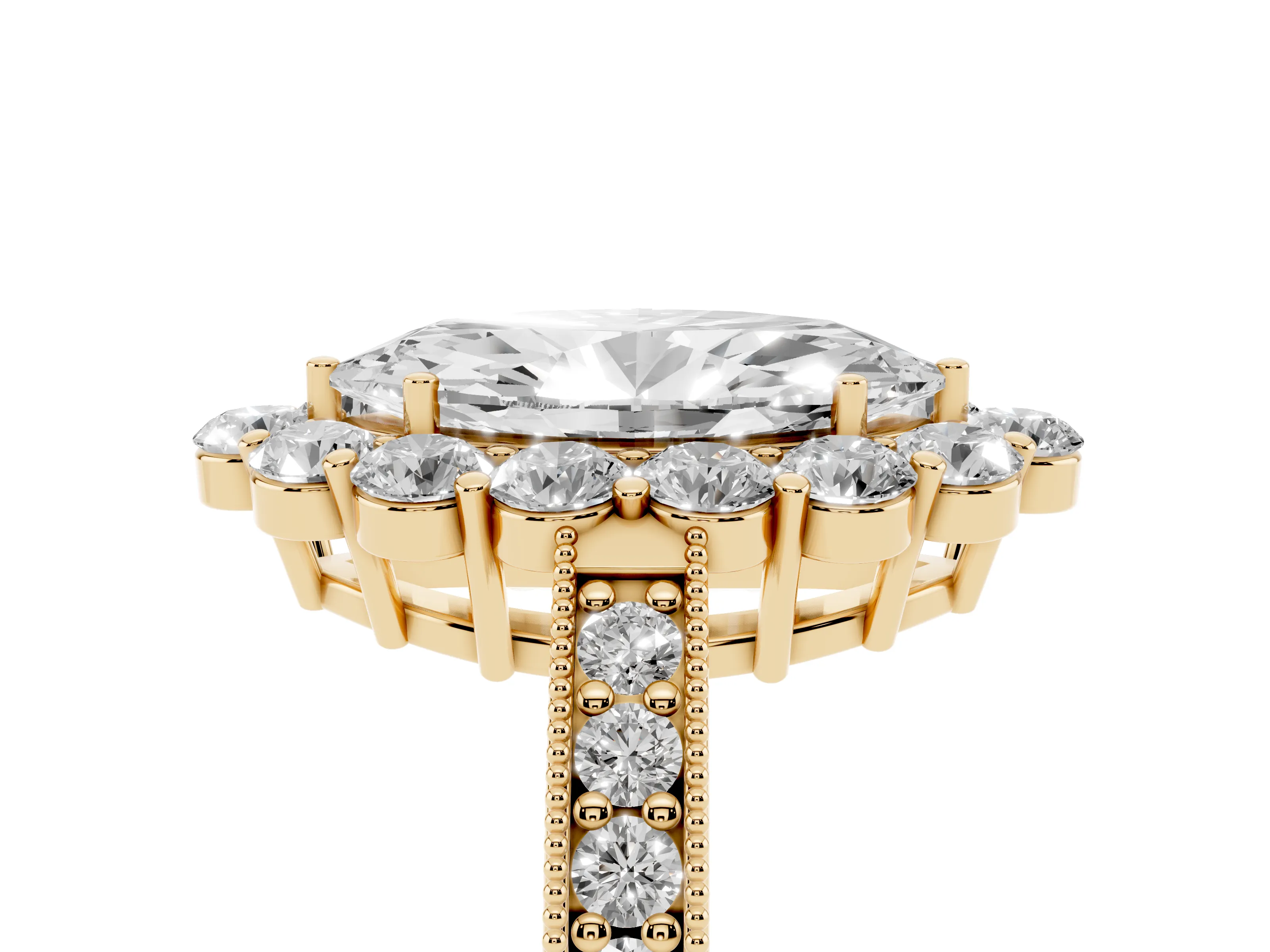 Marquise Cut Diamond Halo Pavé Engagement Ring Set in Yellow gold with Milgrain Detailing