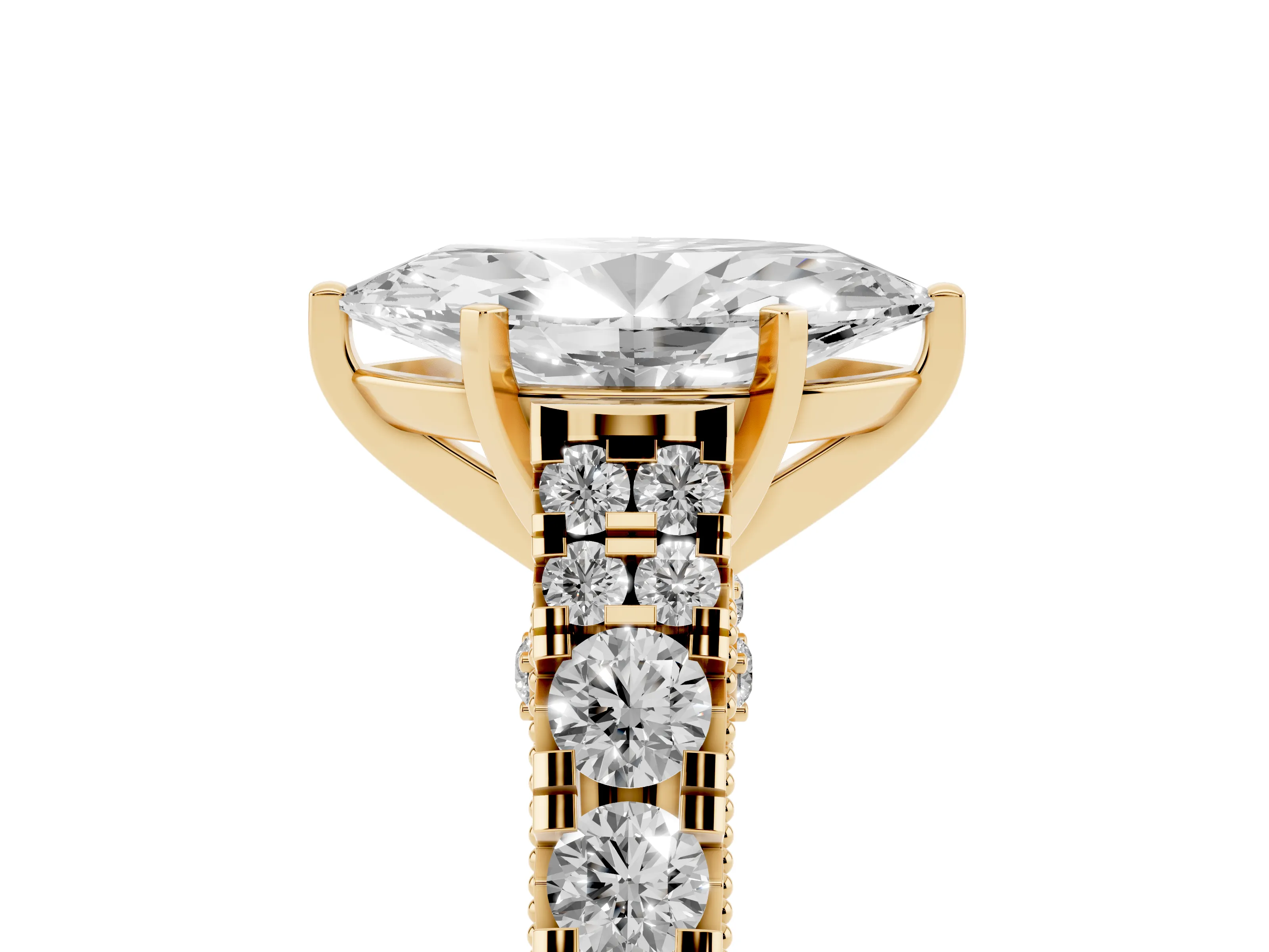 Marquise Cut Diamond Classic Solitaire Ring Set in Yellow gold with Pavé Band and Prong Setting