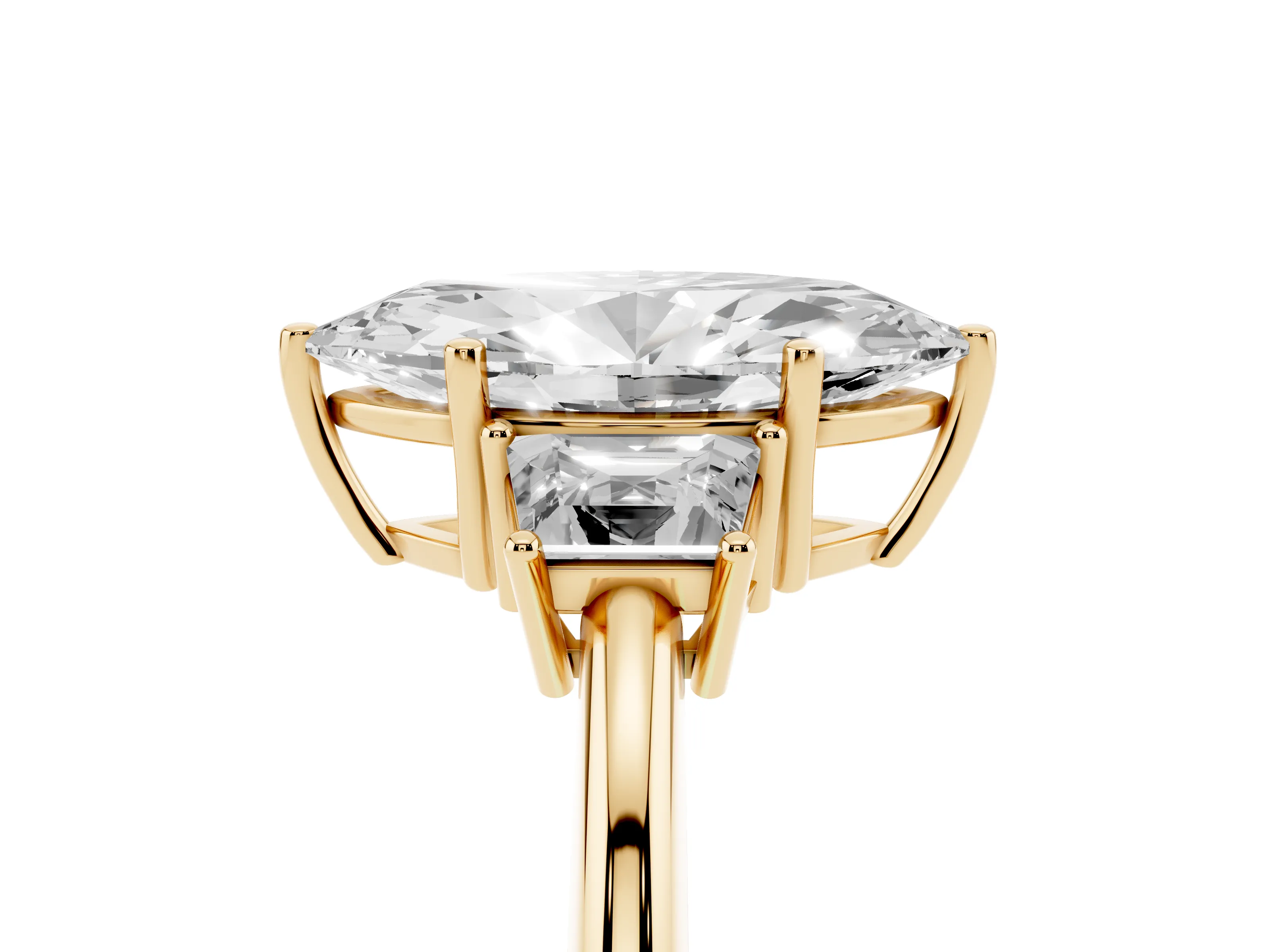 Marquise Cut Diamond Three-Stone Ring Set in Yellow gold with Trapezoid Side Stones and Prong Setting