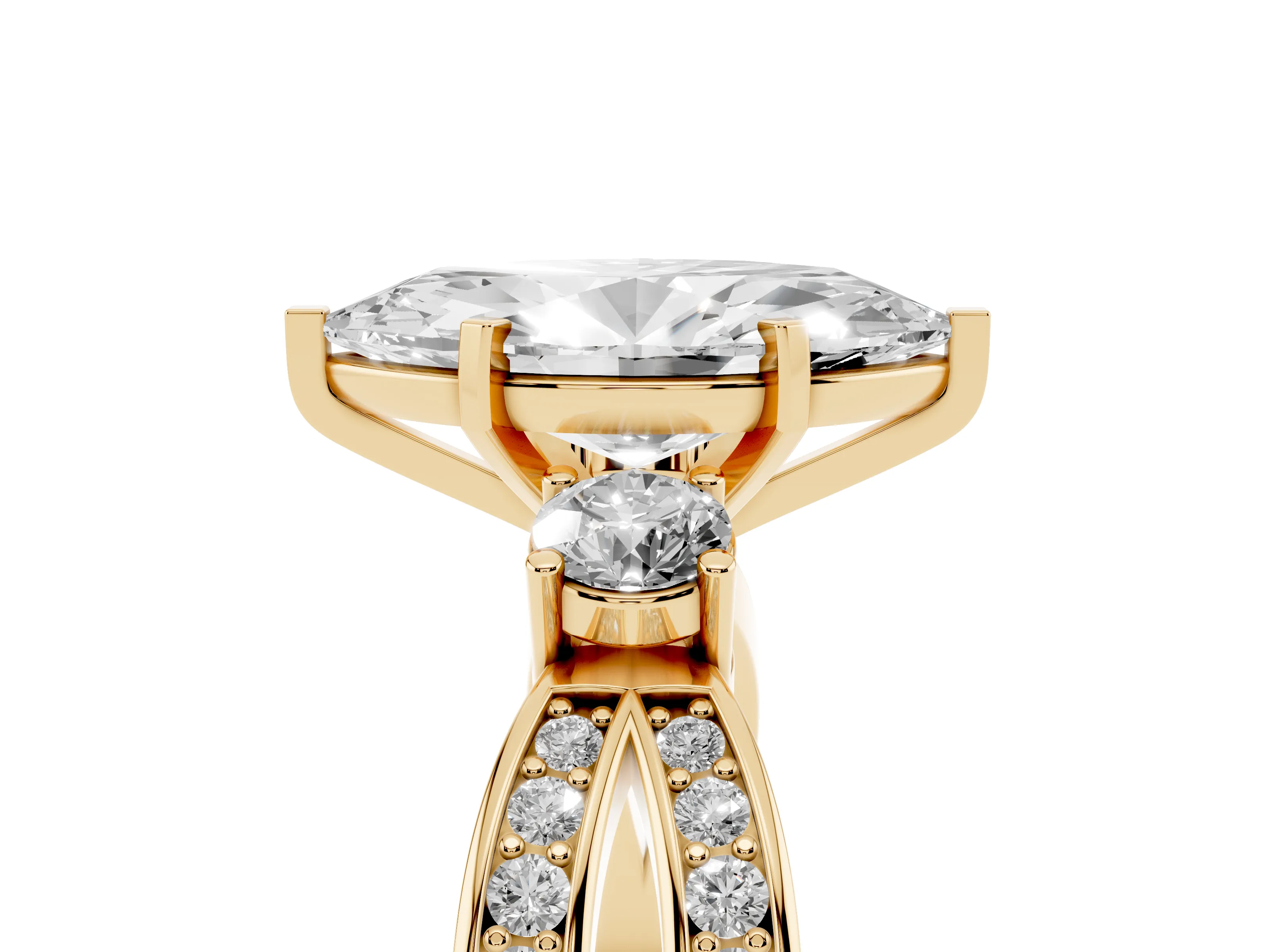 Three-Stone Marquise Cut Diamond Twist Band Ring Set in Yellow gold with Pavé Accents and Prong Setting
