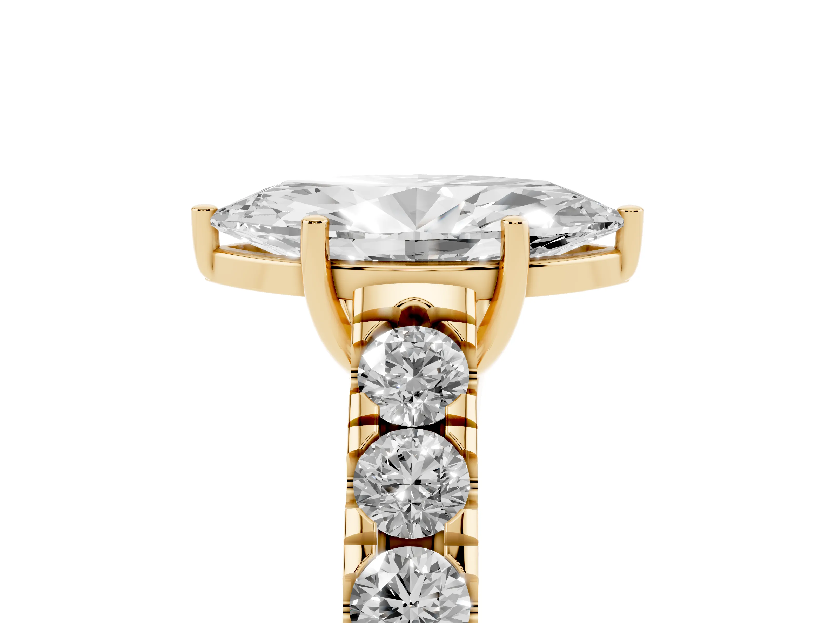 Marquise Cut Diamond Solitaire Ring Set in Yellow gold with Cut-Down Micro Pavé Band and Prong Setting