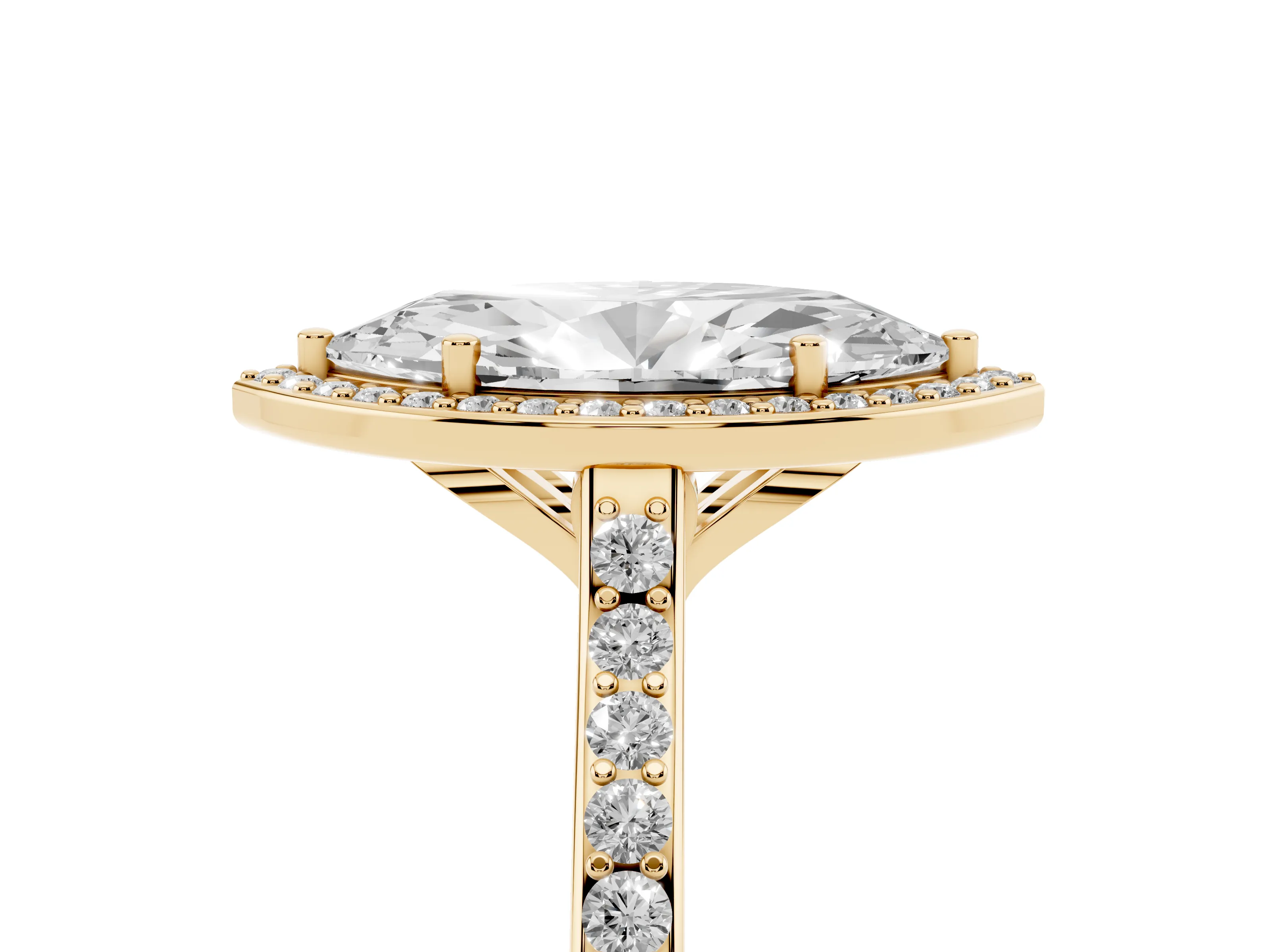 Marquise Cut Diamond Halo Engagement Ring Set in Yellow gold with Round Pavé Shoulders and Heart Gallery