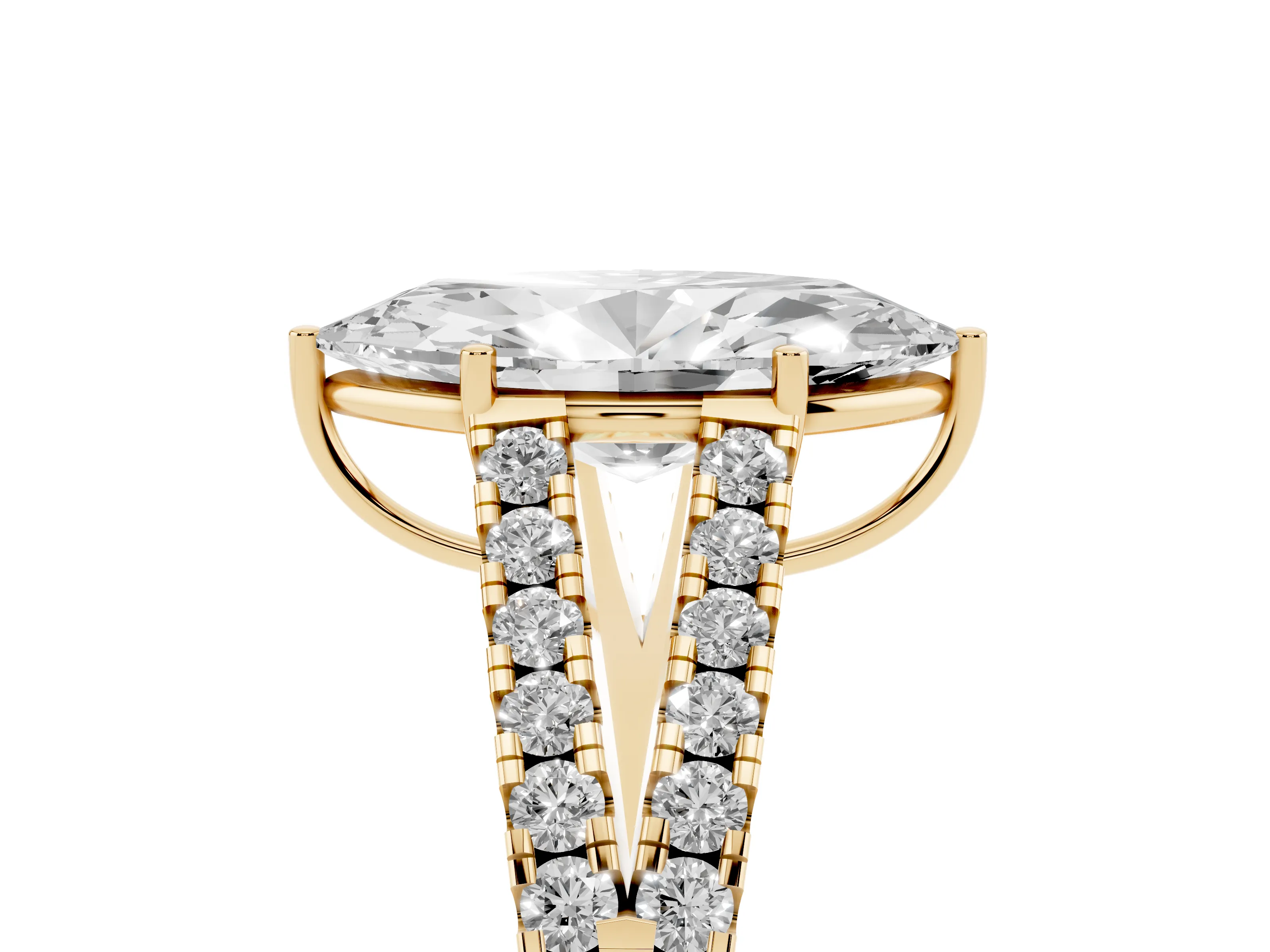 Marquise Cut Diamond Split Shank Pavé Engagement Ring Set in Yellow gold with Prong-Held Center Stone