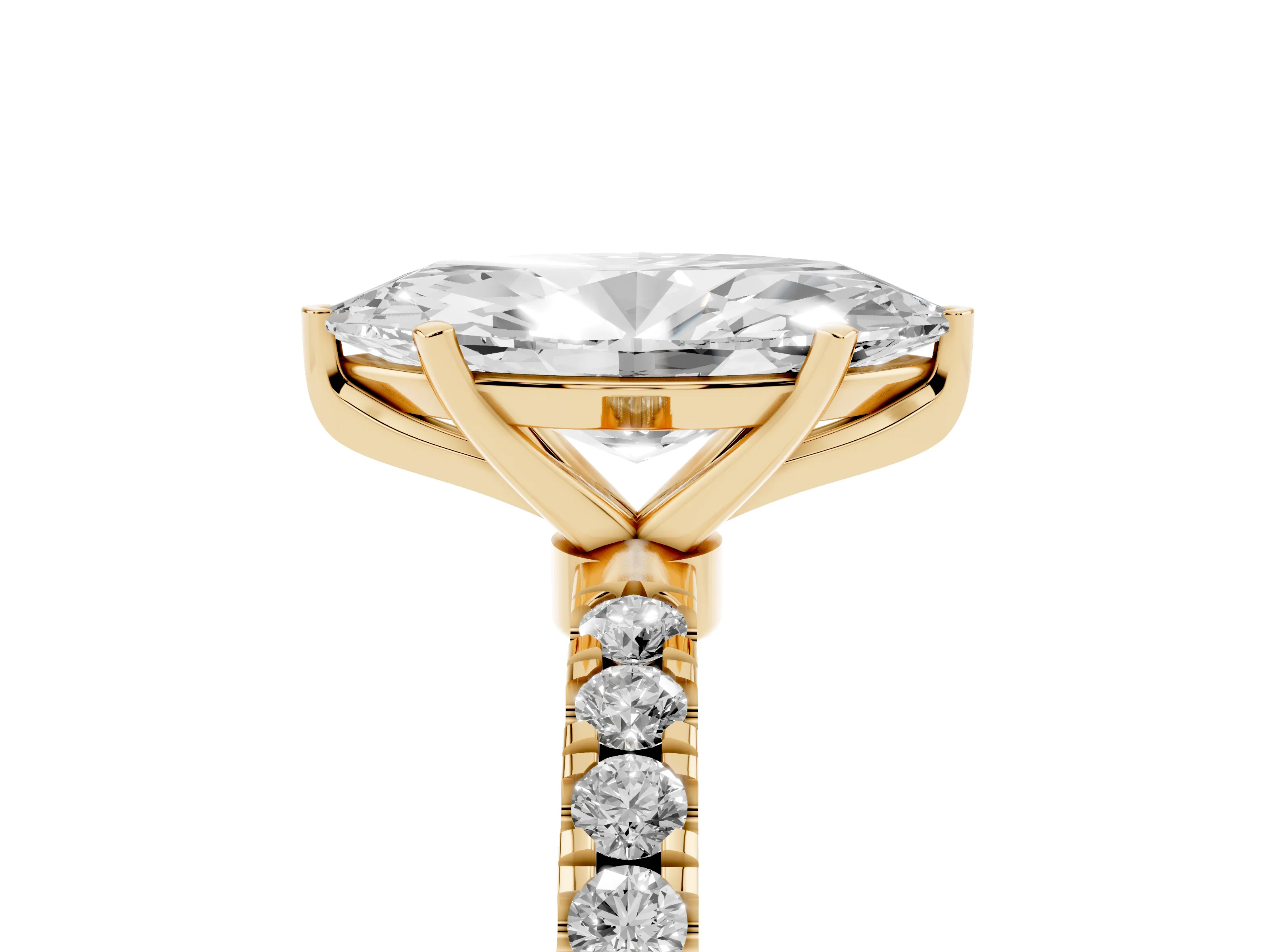 Marquise Cut Diamond Solitaire Ring Set in Yellow gold with Pavé Accents and Prong Setting