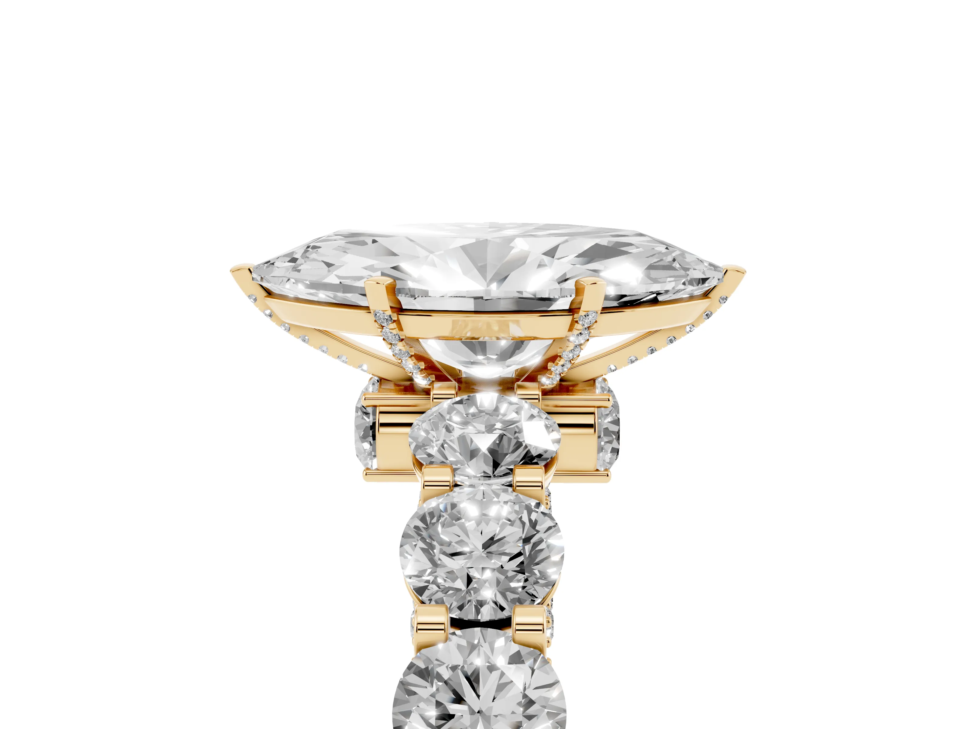 Marquise Cut Diamond Side Stone Ring Set in Yellow gold with Alternating Round and Oval Side Stones