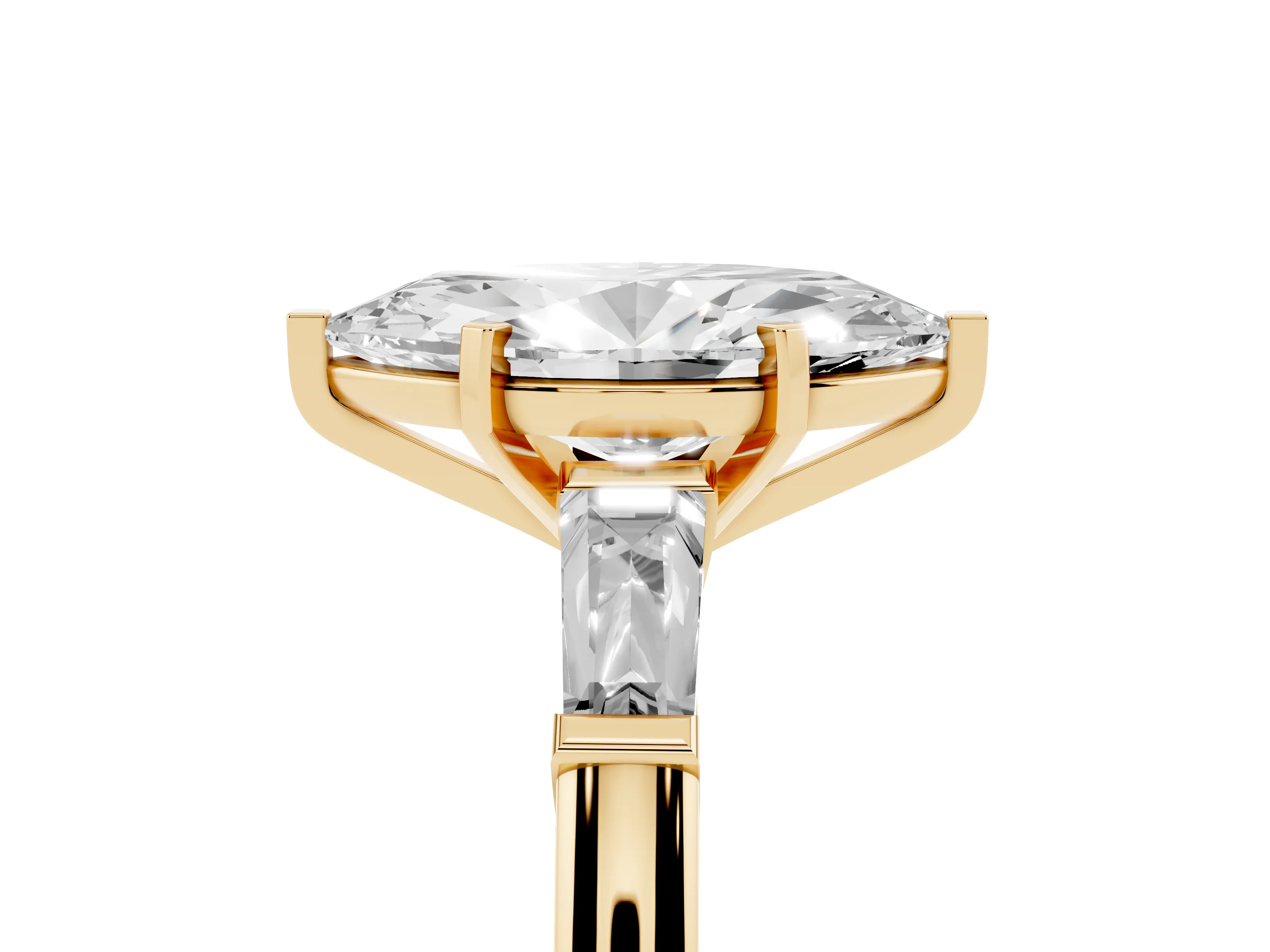 Marquise Cut Diamond Solitaire Ring Set in Yellow gold with Tapered Baguette Side Stones and Prong Setting