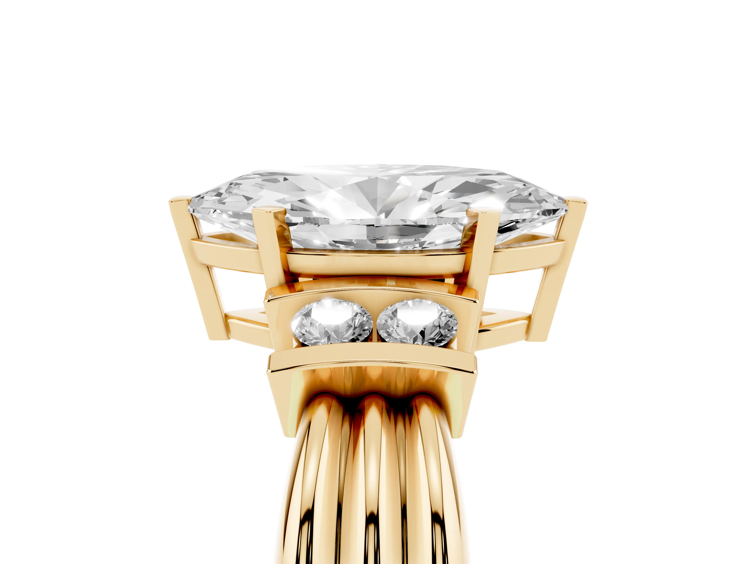 Three-Stone Marquise Cut Diamond Channel Set Ring Set in Yellow gold with Bar Prongs