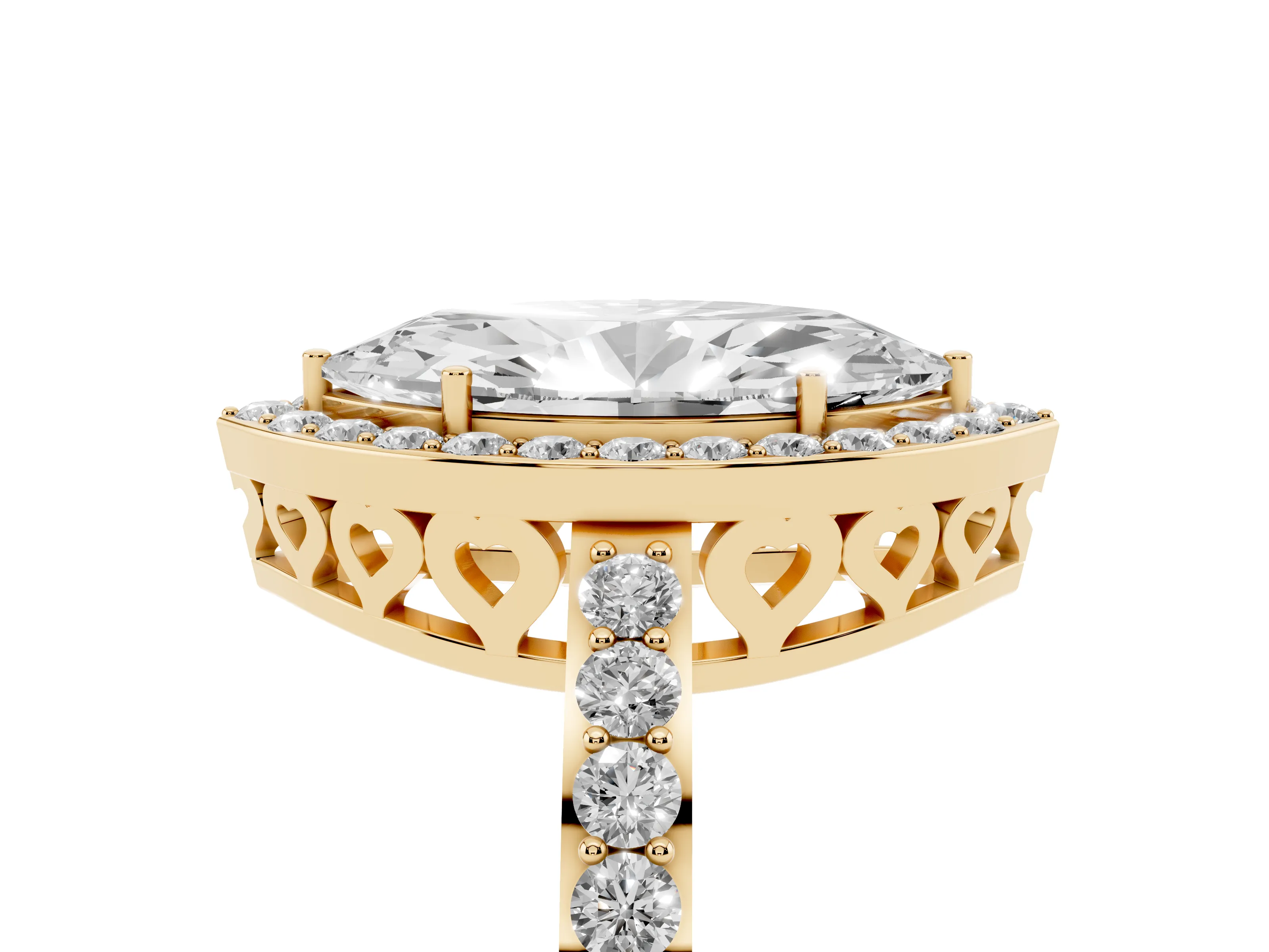 Marquise Cut Diamond Halo Ring Set in Yellow gold with Pavé-Setting Band and Open Prong Center