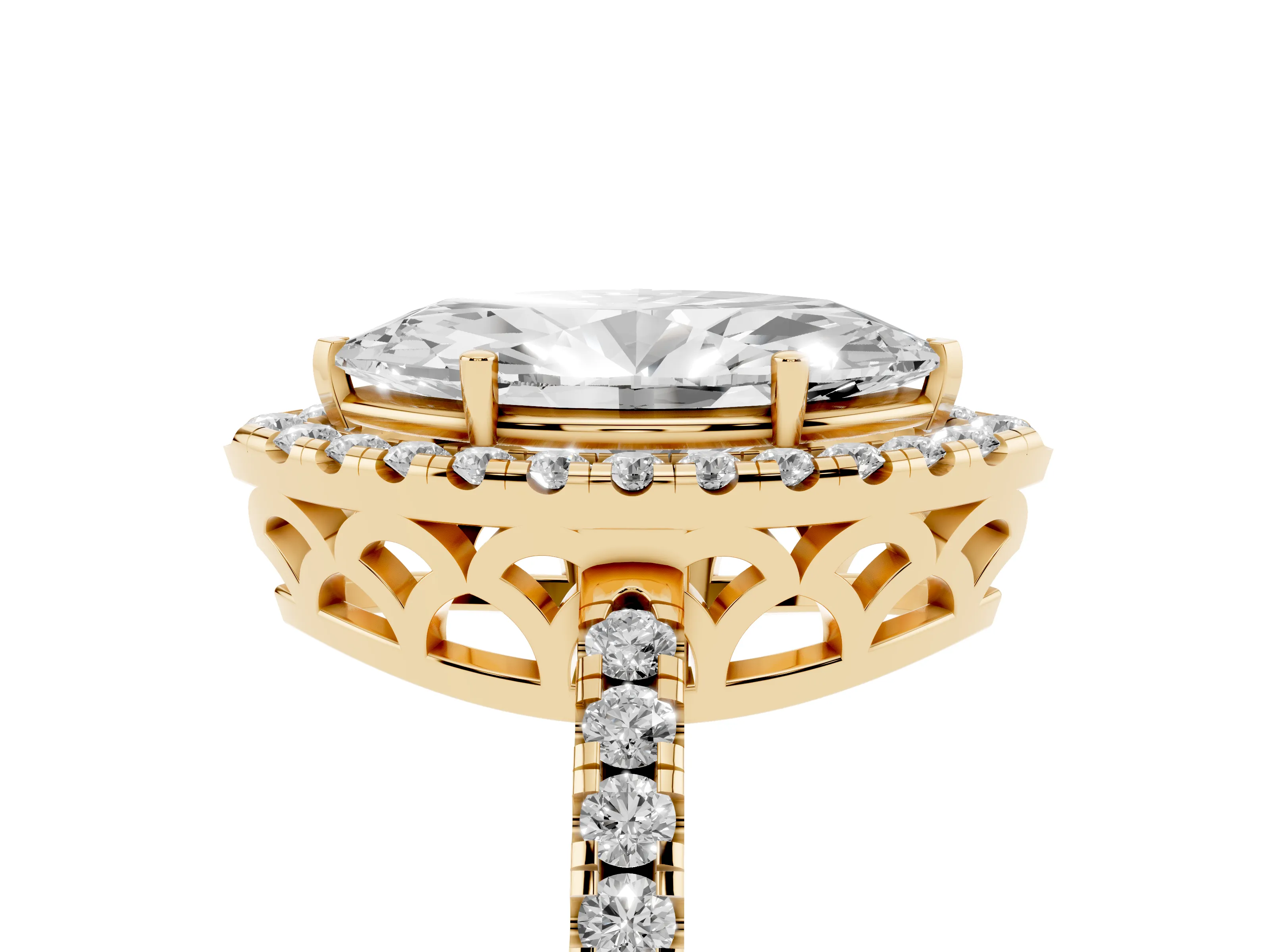 Marquise Cut Diamond Pavé Band Halo Engagement Ring Set in Yellow gold with Prong Setting