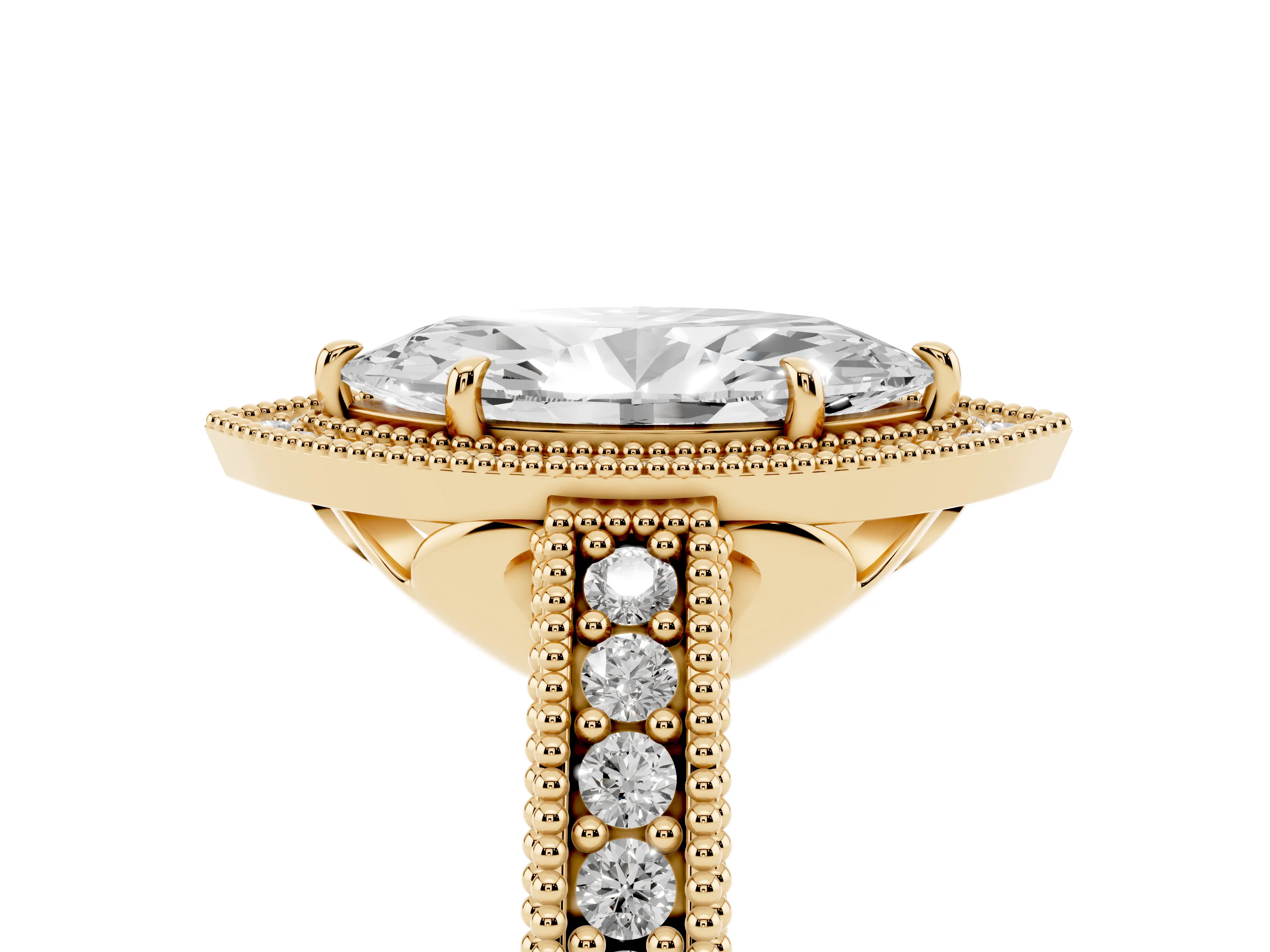 Marquise Cut Diamond Halo Ring Set in Yellow gold with Round Accent Halo, Pavé Band and Prong Setting