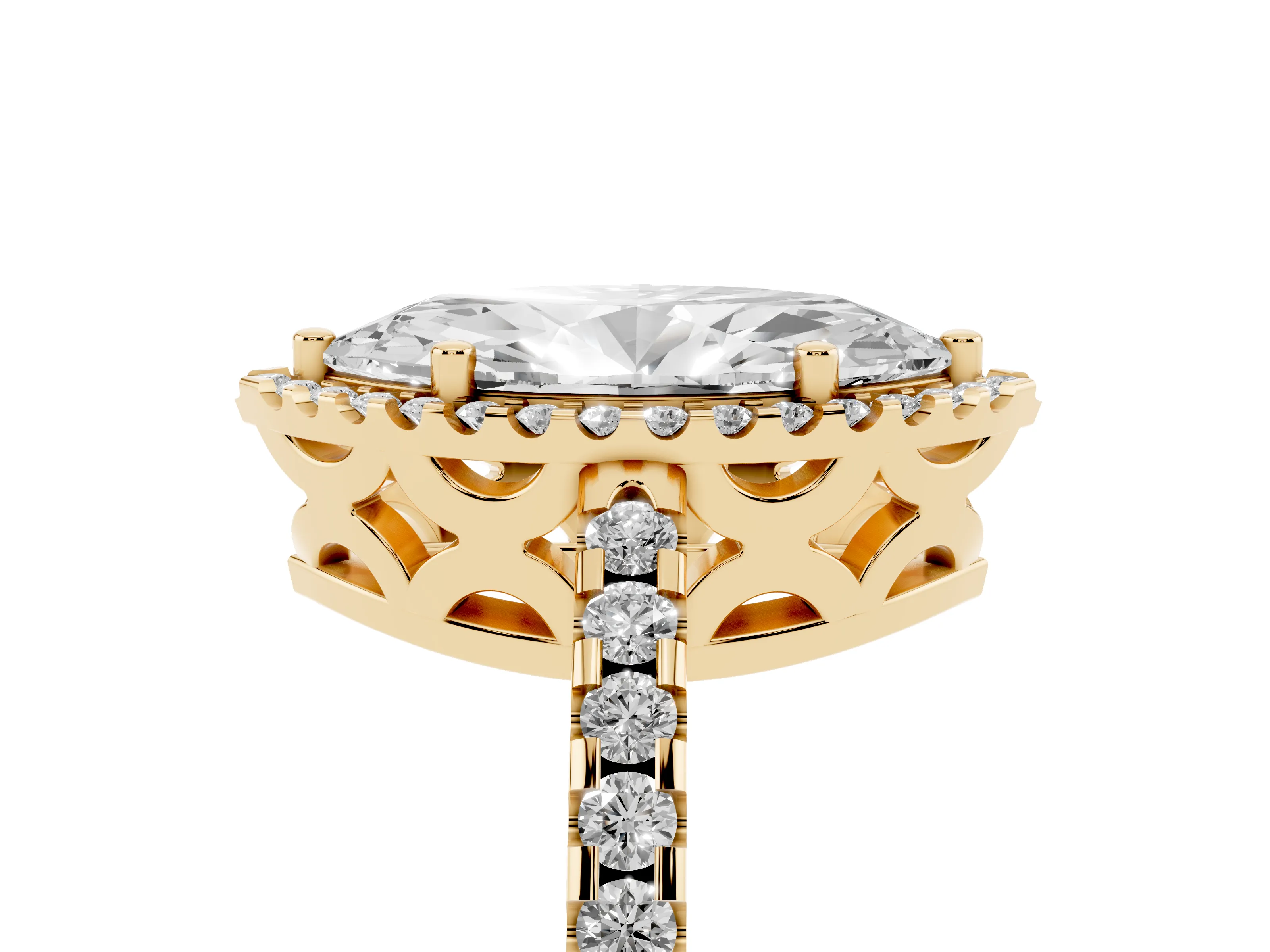 Marquise Cut Diamond Halo Ring Set in Yellow gold with Pavé Shoulders and Halo-Framed Center