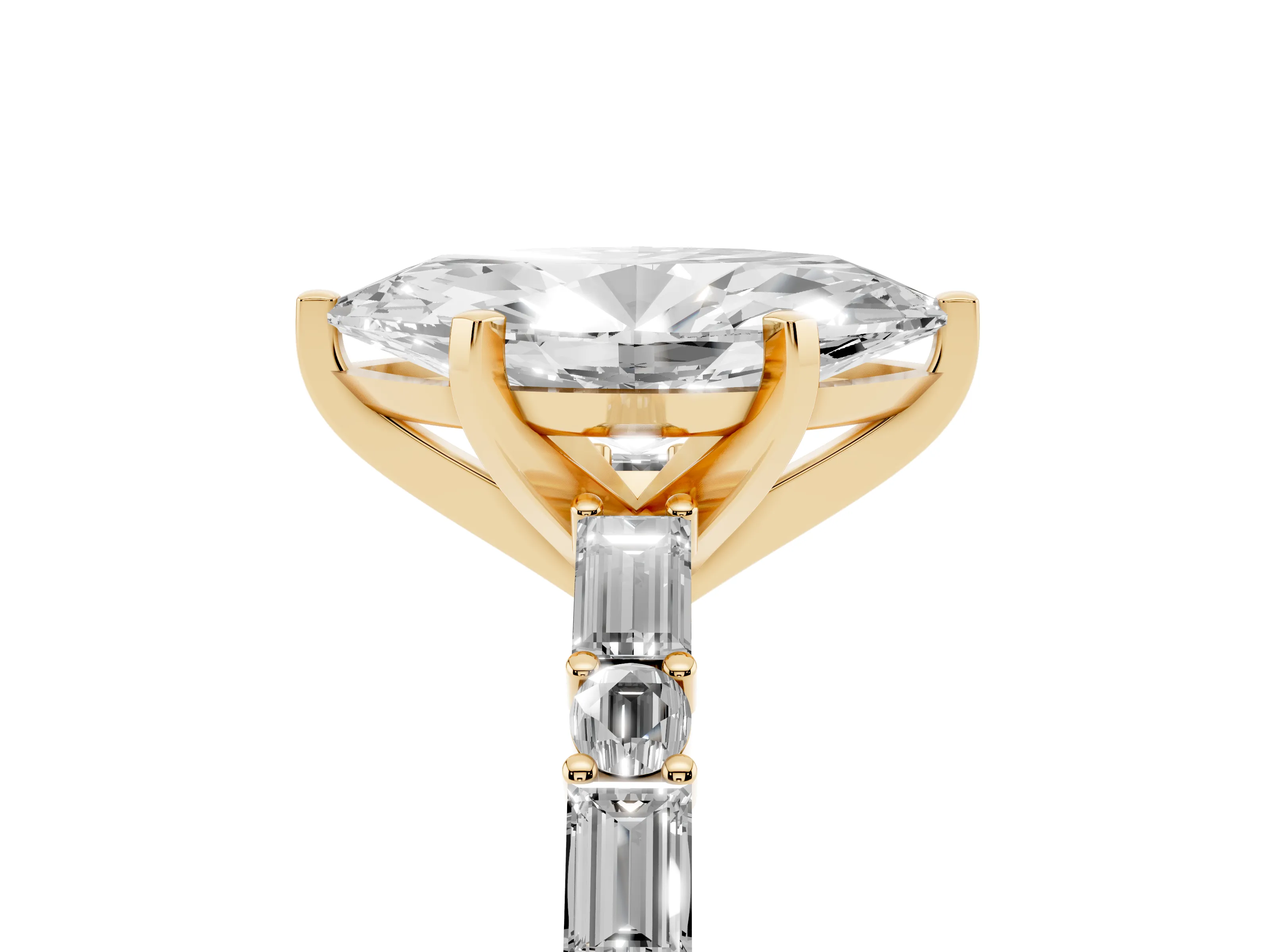 Marquise Cut Diamond Solitaire Set in Yellow gold with Side Baguettes and Channel Set Band