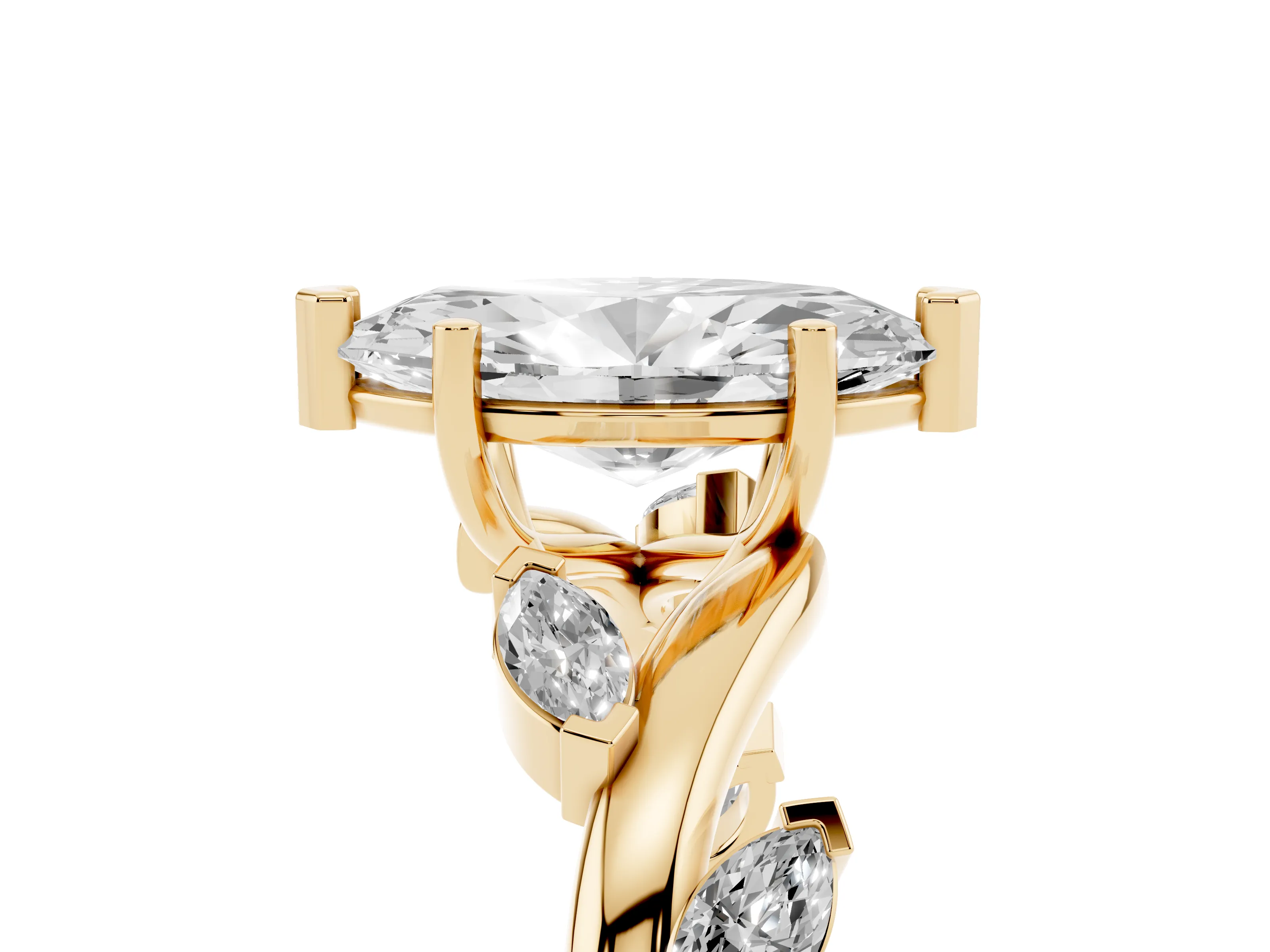 Marquise Cut Diamond Solitaire Ring Set in Yellow gold with Twisted Marquise Accent Band