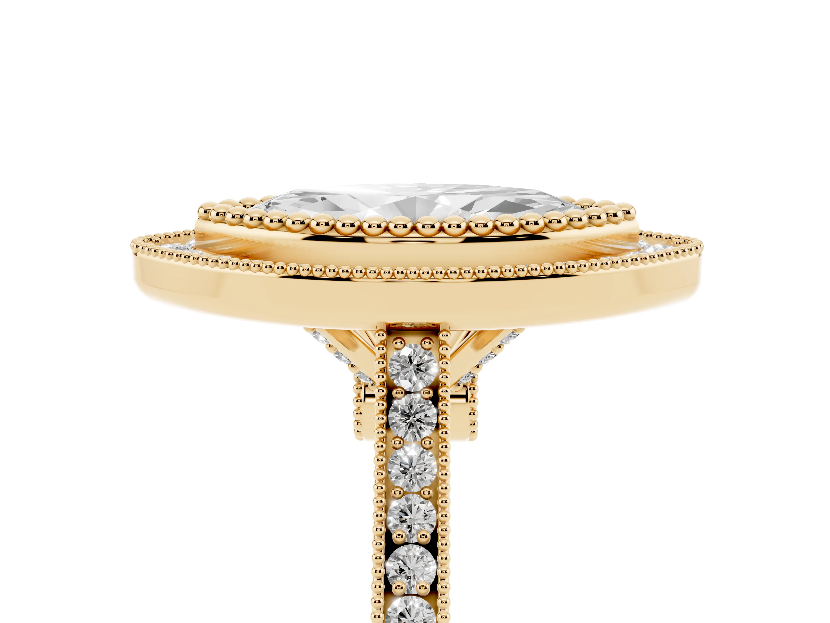 Marquise Cut Diamond Halo Ring Set in Yellow gold with Milgrain Frame and Pavé Band