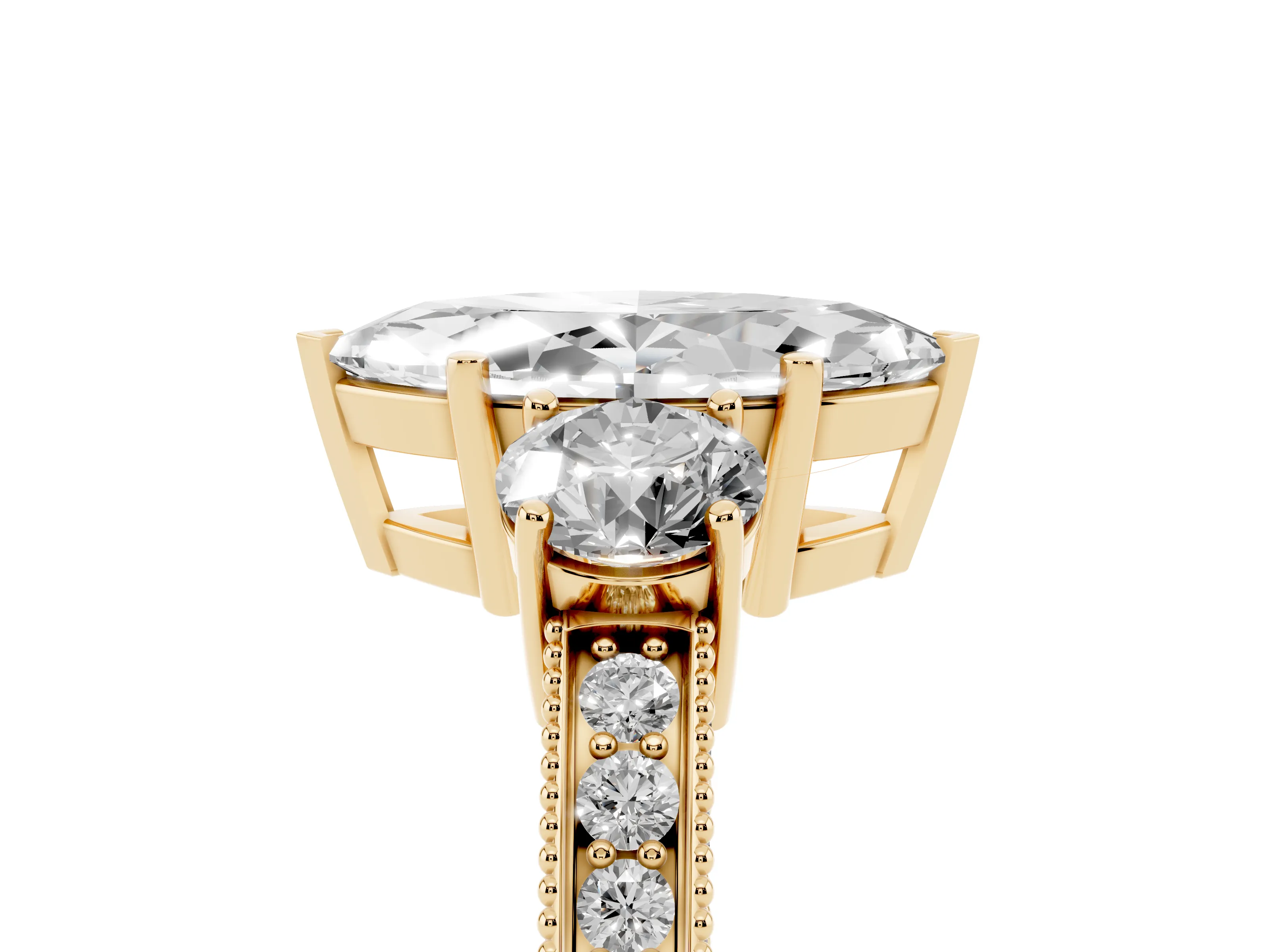 Marquise Cut Diamond Three-Stone Ring Set in Yellow gold with Round Side Stones and Pavé Band