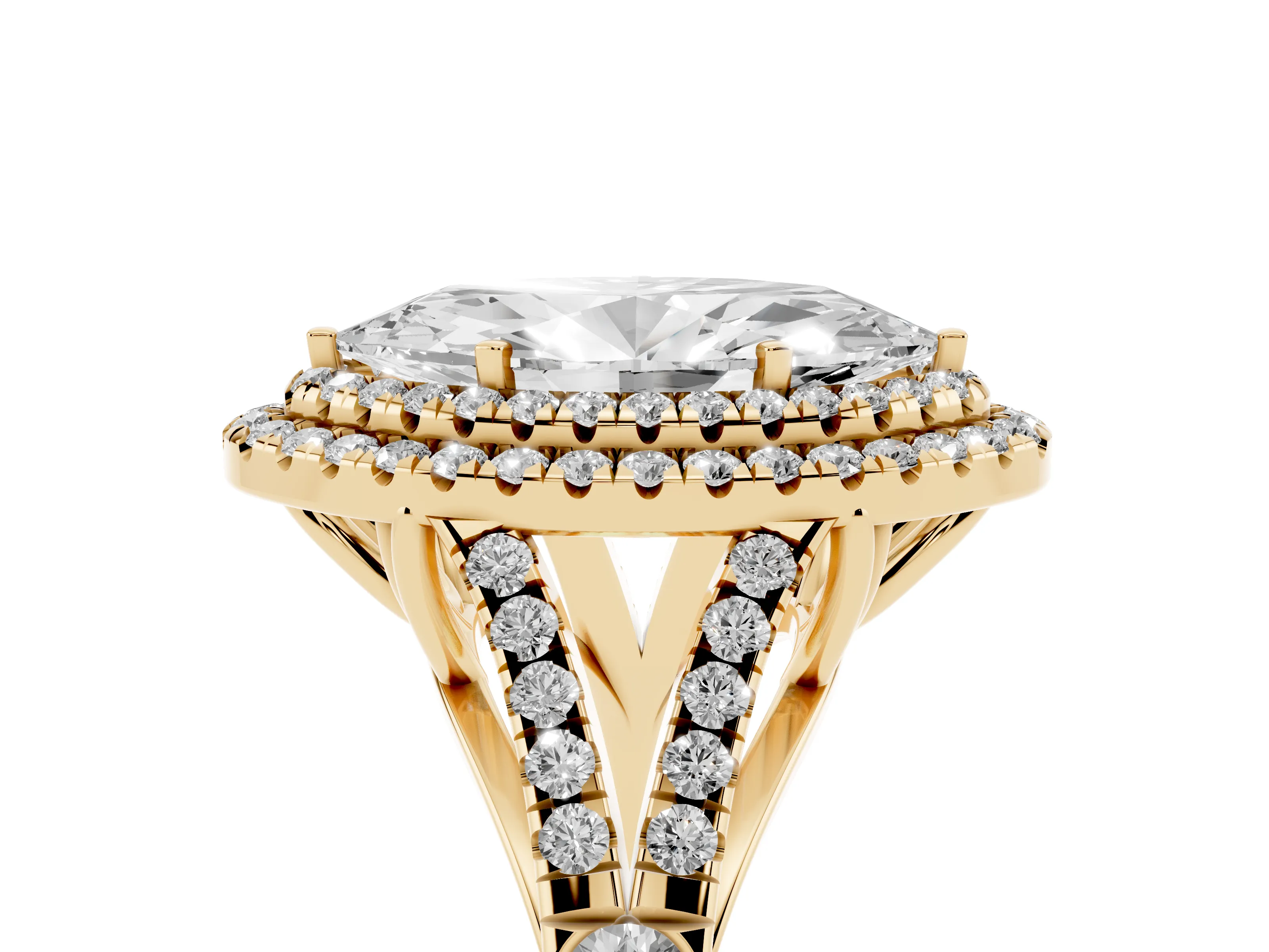 Marquise Cut Diamond Pavé Split Shank Double Halo Engagement Ring Set in Yellow gold