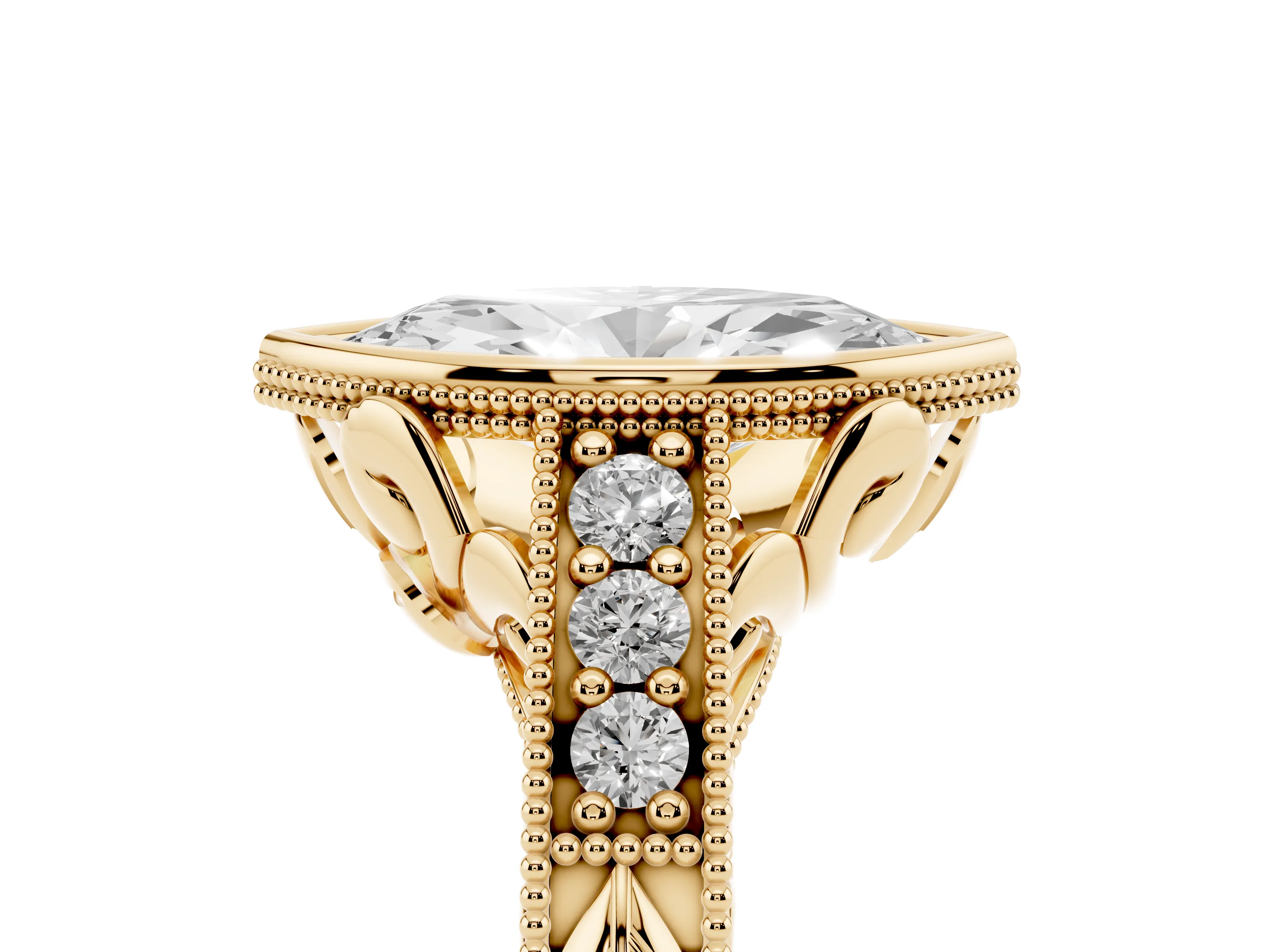 Bezel Set Marquise Cut Diamond Milgrain Pavé Engagement Ring Set in Yellow gold