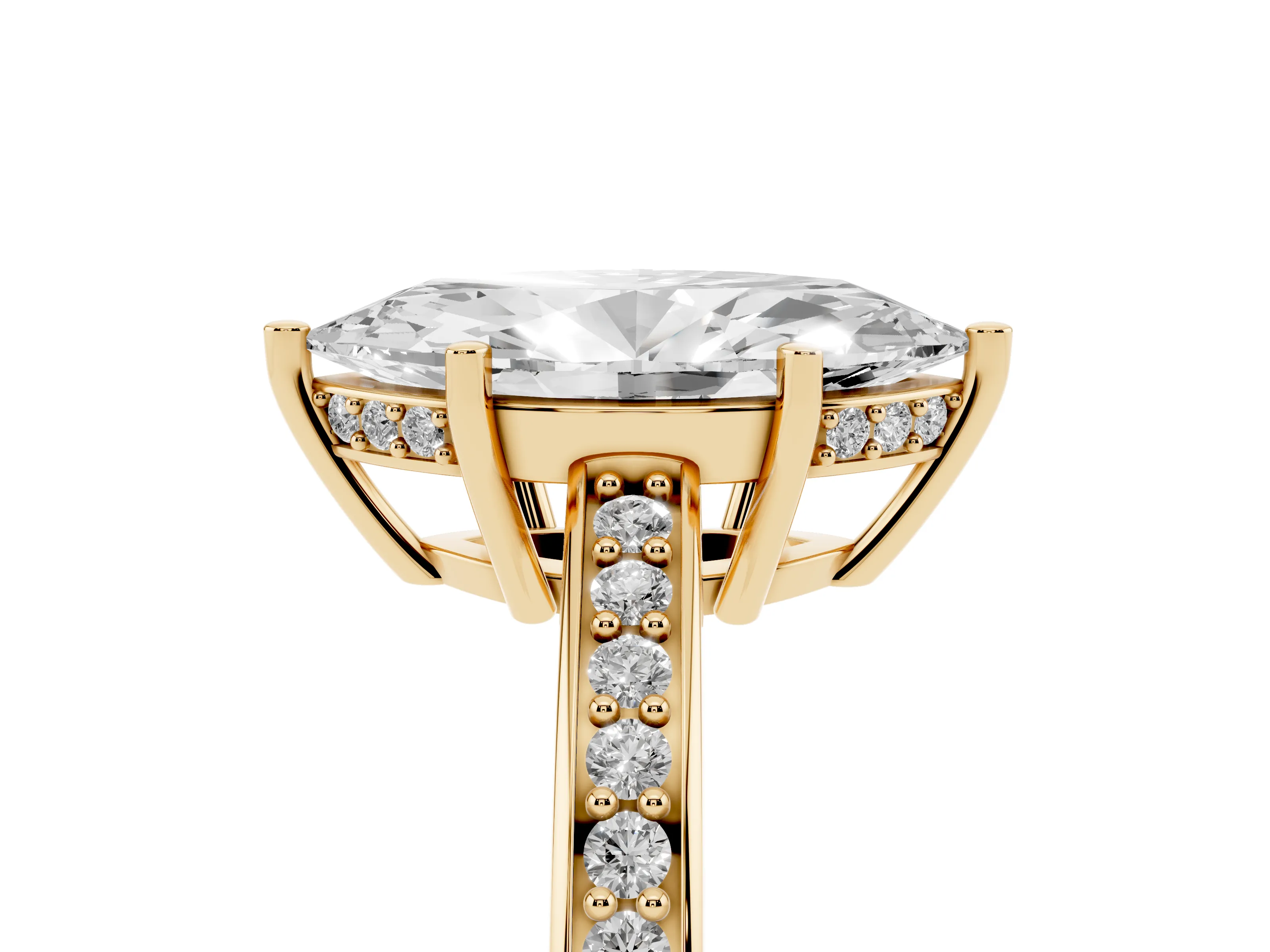 Marquise Cut Diamond Pavé Band Prong Set Solitaire Ring Set in Yellow gold