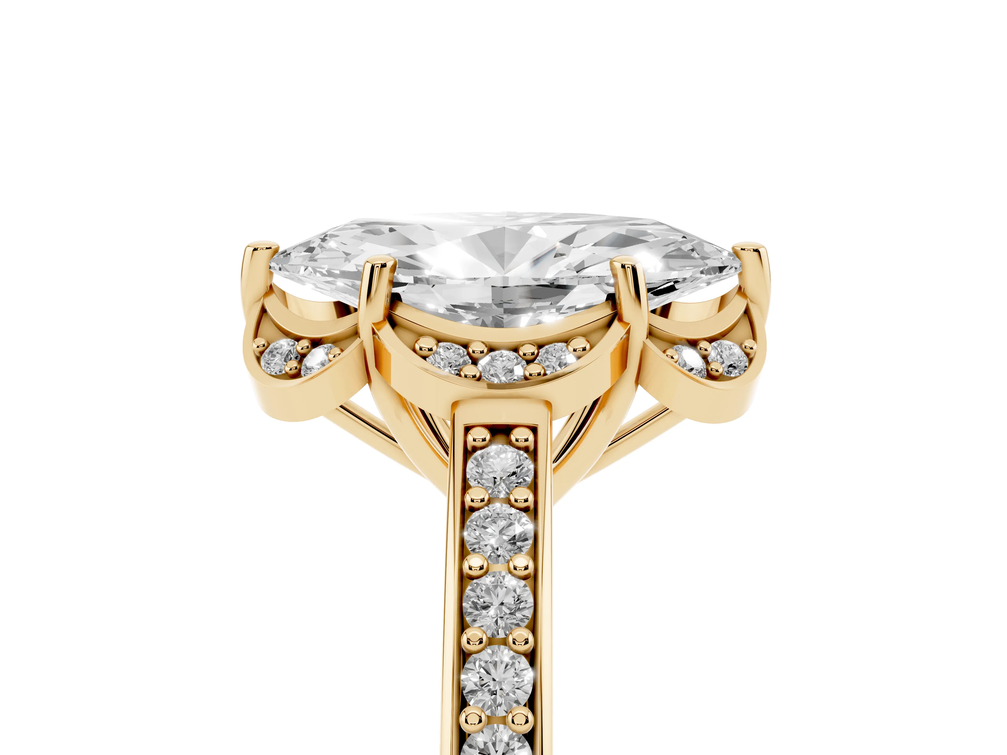 Marquise Cut Diamond Halo Ring Set in Yellow gold with Channel Set Band and Prong Setting