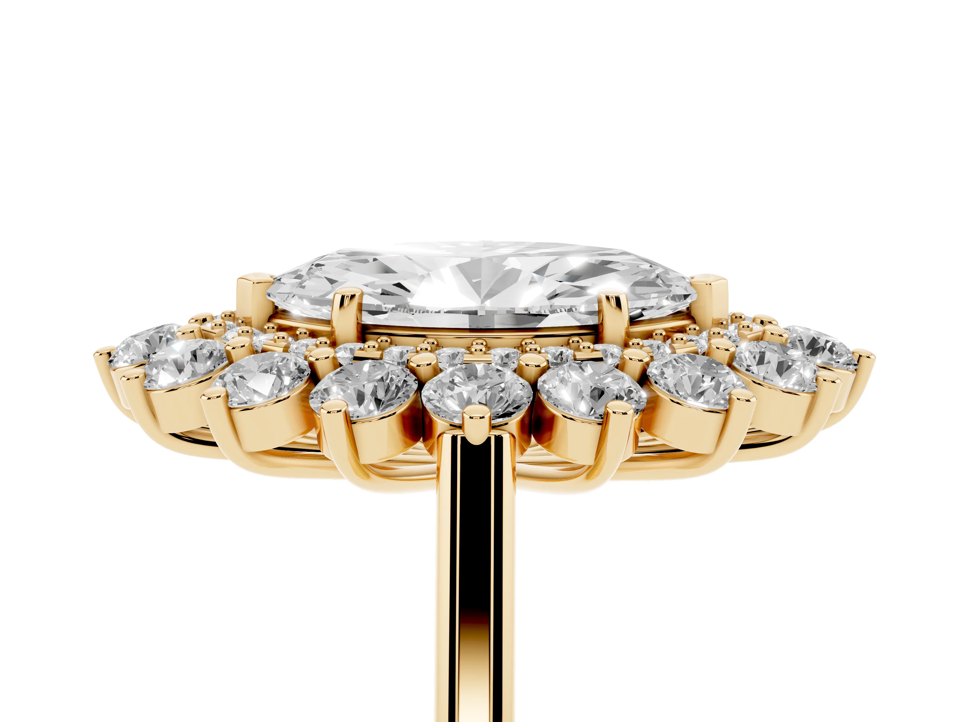 Marquise Cut Diamond Floral Double Halo Ring Set in Yellow gold with Round Petals