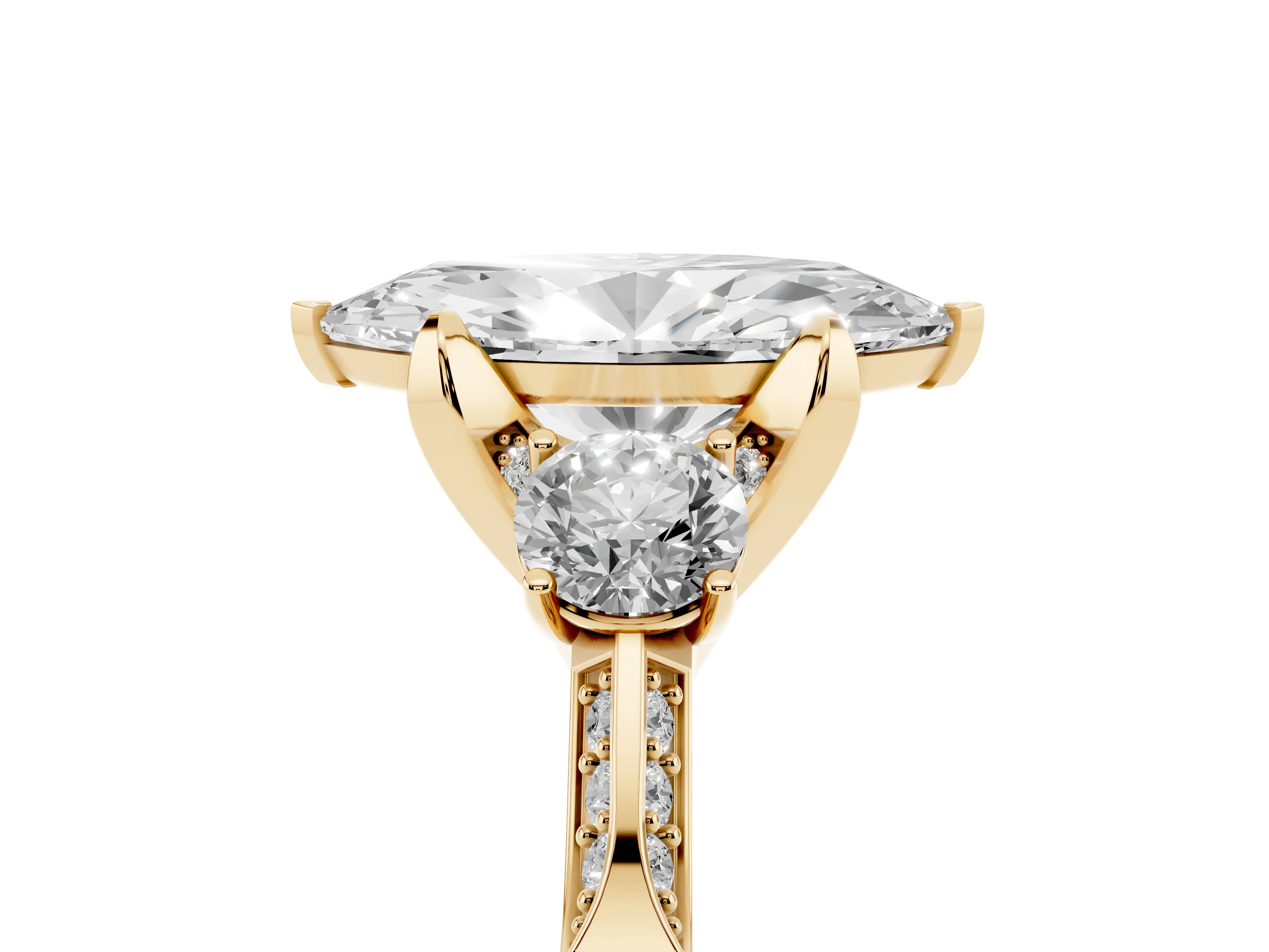 Marquise Cut Diamond Three-Stone Ring Set in Yellow gold with Pavé Band and Smaller Side Stones
