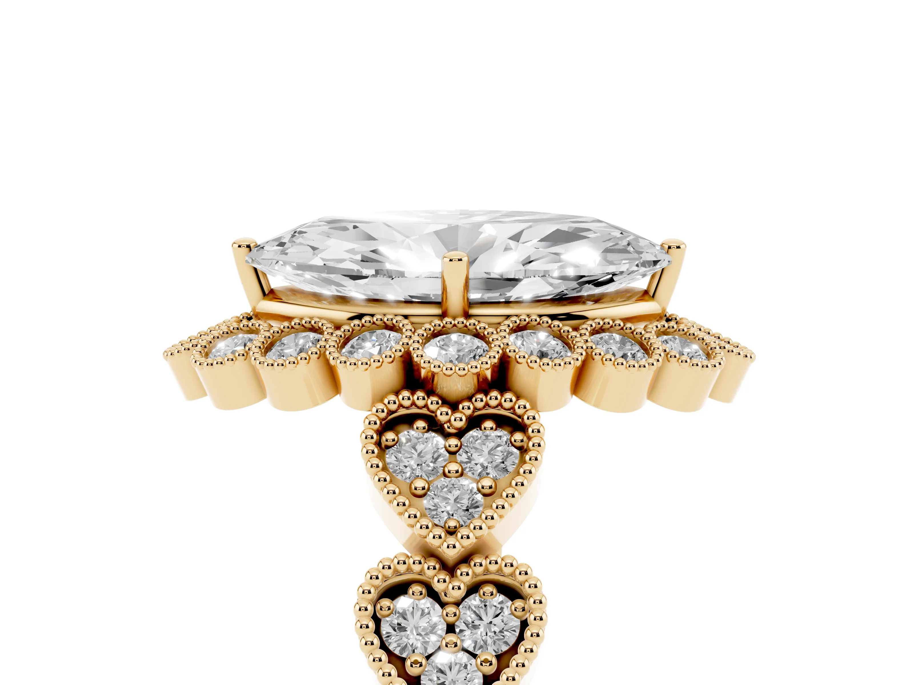 Marquise Cut Diamond Solitaire Ring Set in Yellow gold with Milgrain Pavé Heart Band