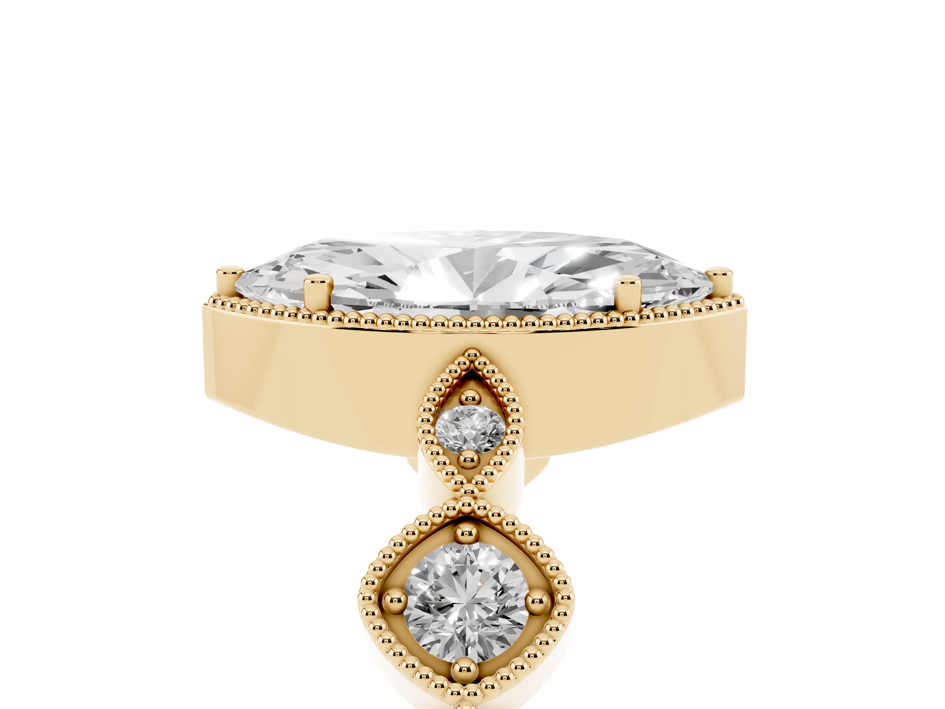 Marquise Cut Diamond Vintage-Inspired Milgrain Ring Set in Yellow gold with Marquise Stations of Round Accents