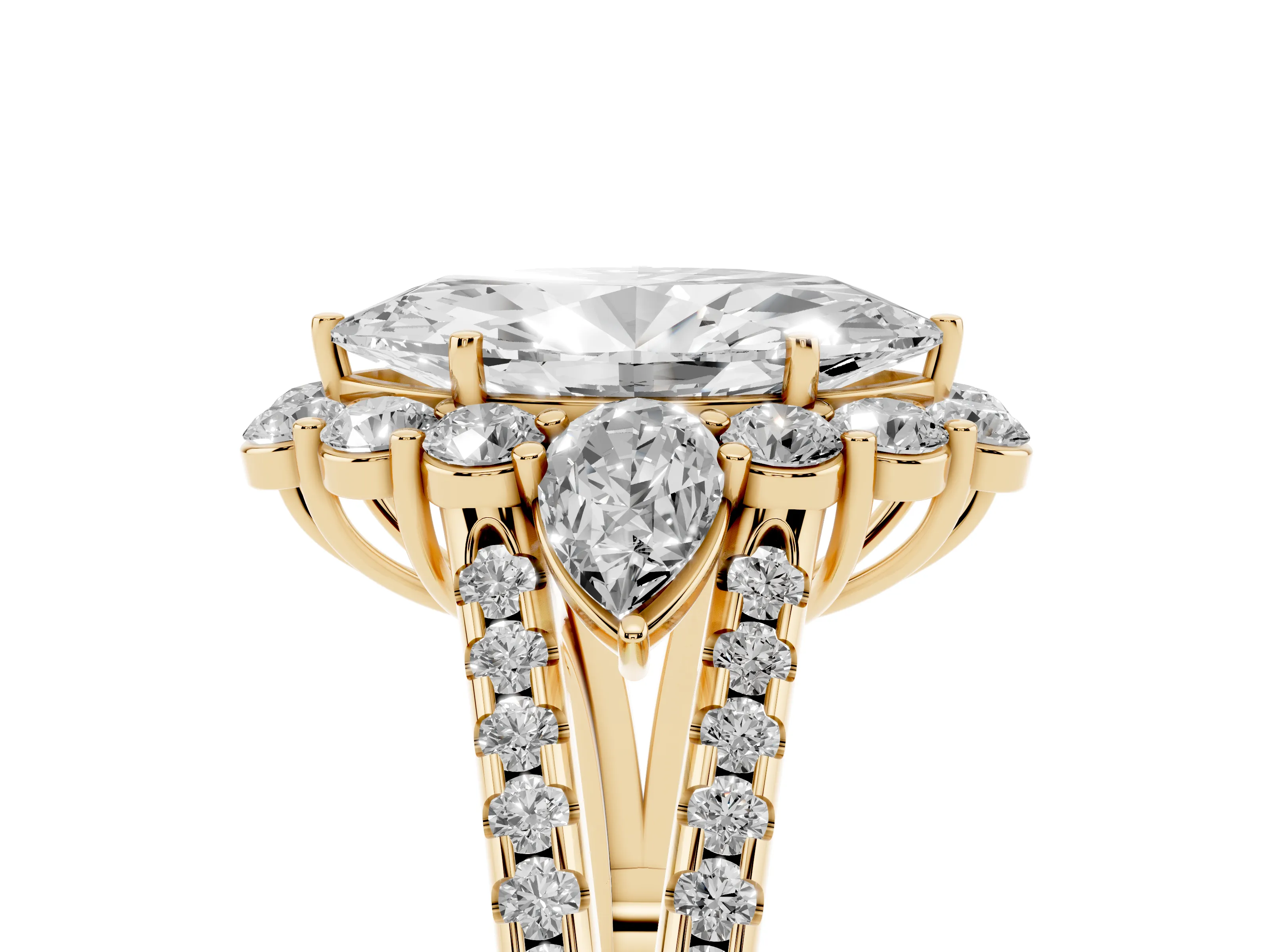 Marquise Cut Diamond Halo Split Shank Engagement Ring Set in Yellow gold with Prong-Held Center Stone