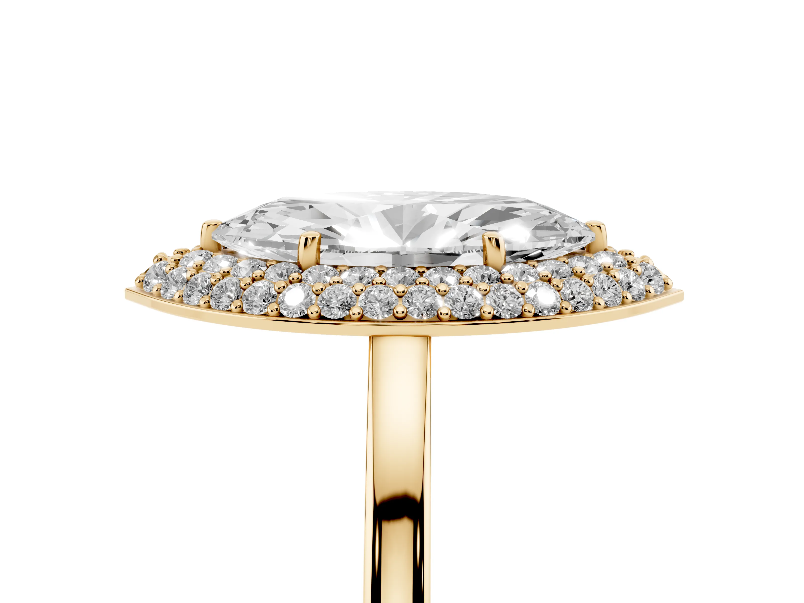 Marquise Cut Diamond Halo Engagement Ring Set in Yellow gold with Solitaire Band and Prong Setting