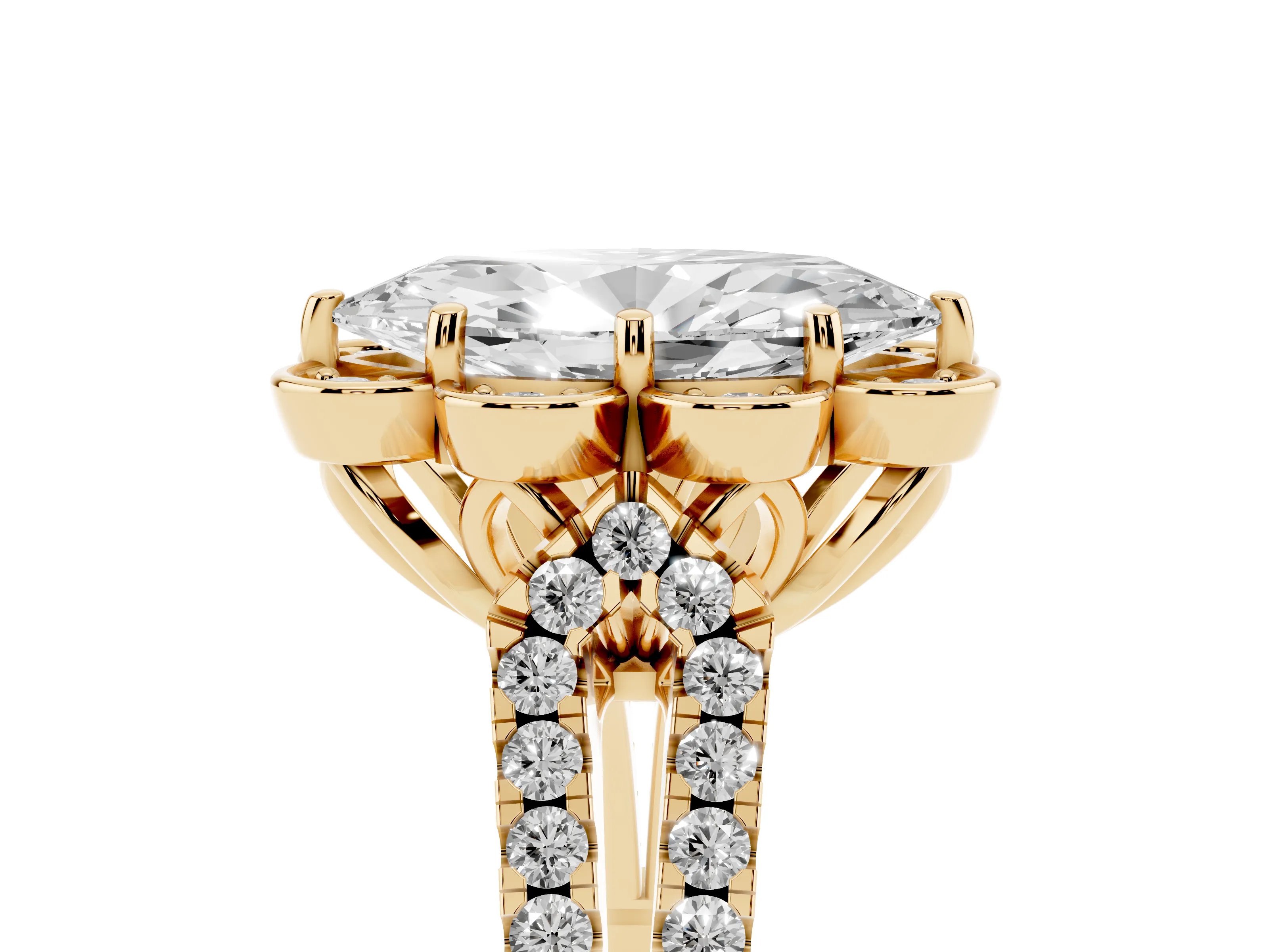 Marquise Cut Diamond Floral Halo Split Shank Engagement Ring Set in Yellow gold with Pavé Shank