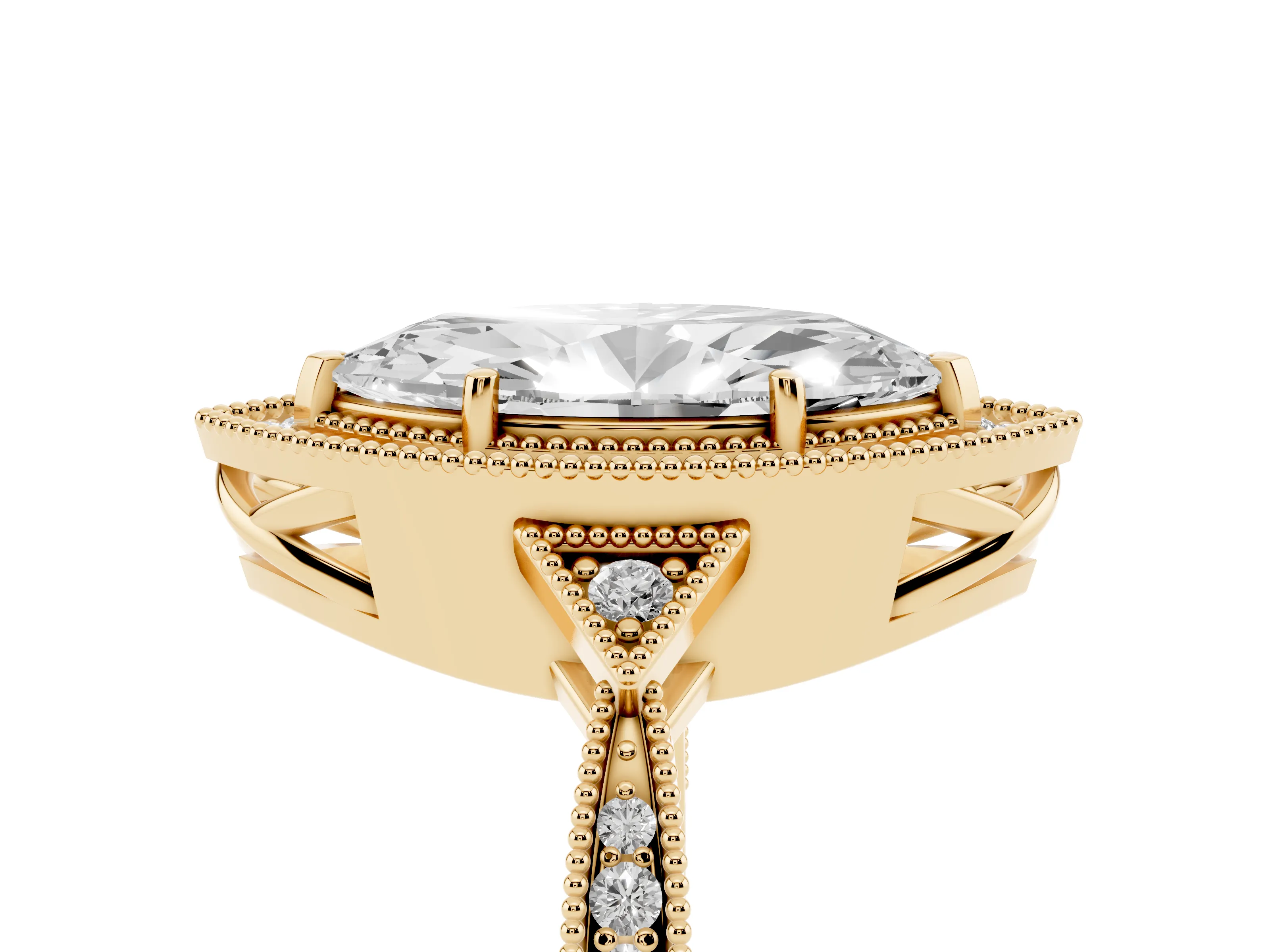Marquise Cut Diamond Halo Engagement Ring Set in Yellow gold with Milgrain Pavé Band