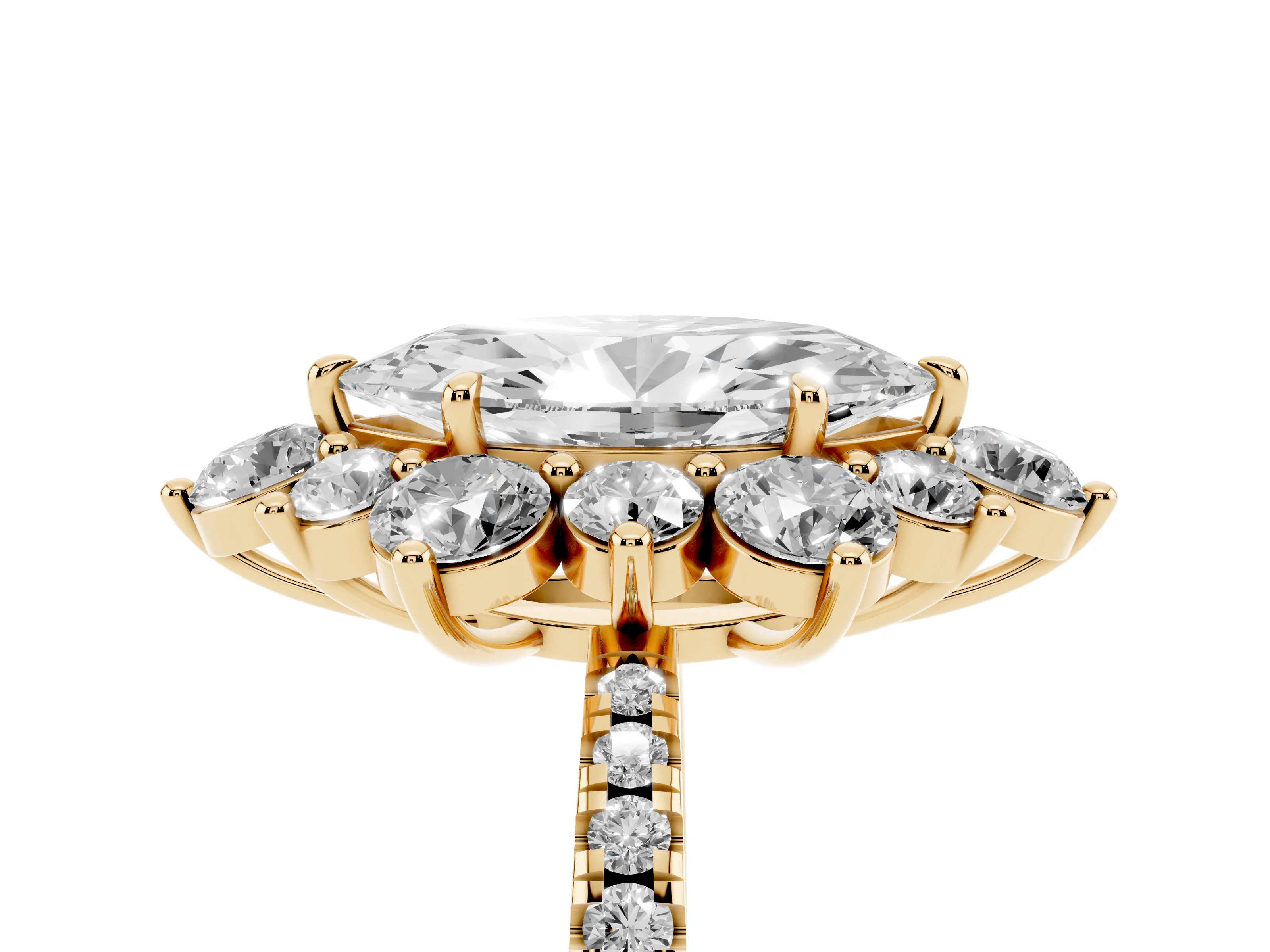 Marquise Cut Diamond Floral Halo Ring Set in Yellow gold with Round Pavé Band and Prong Setting
