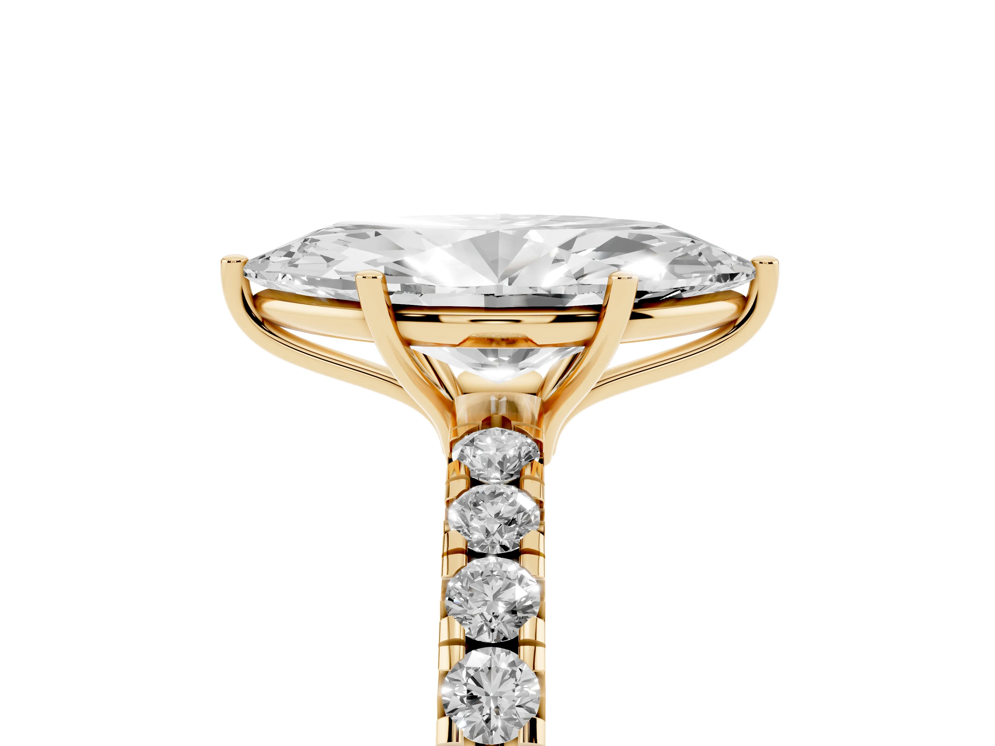 Marquise Cut Diamond Pavé Solitaire Engagement Ring Set in Yellow gold with Prong Setting
